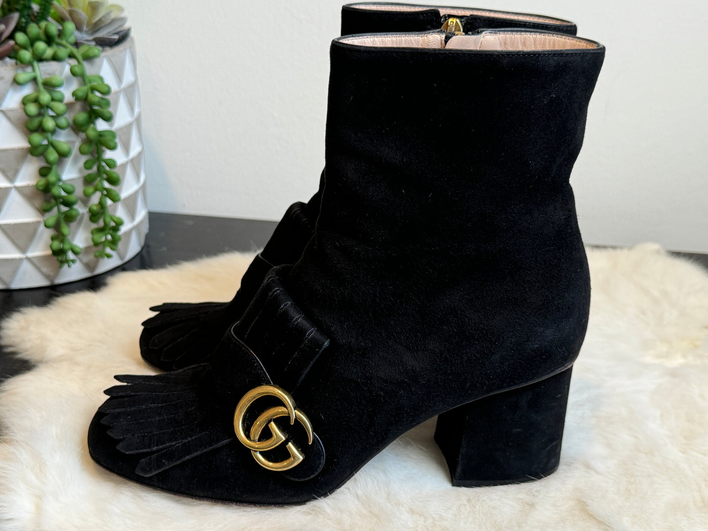 GUCCI Suede Marmont Fringe Boot Black 38EU