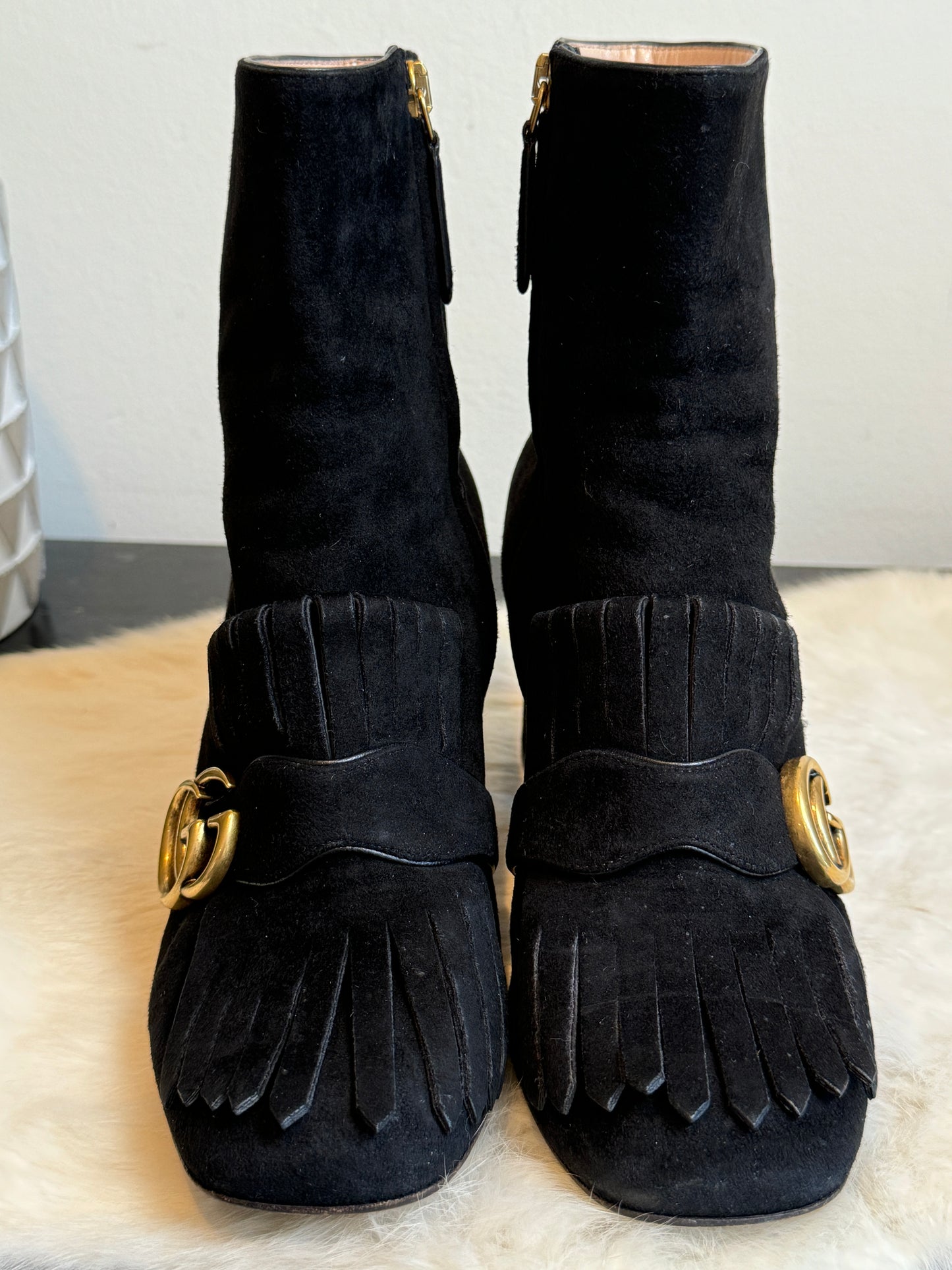 GUCCI Suede Marmont Fringe Boot Black 38EU