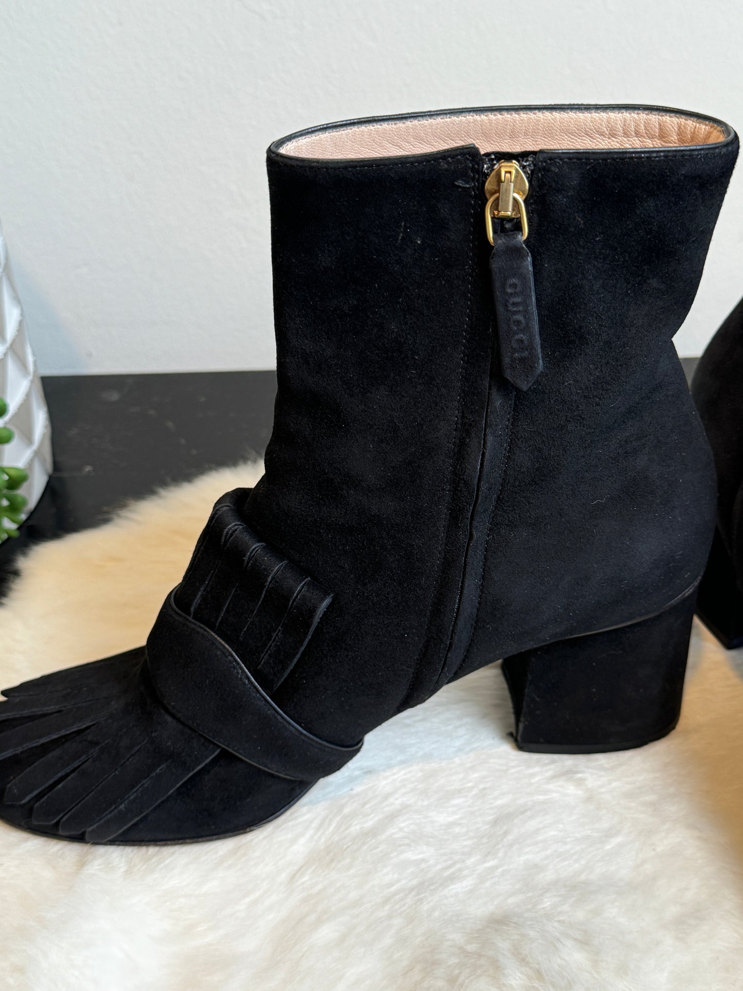GUCCI Suede Marmont Fringe Boot Black 38EU