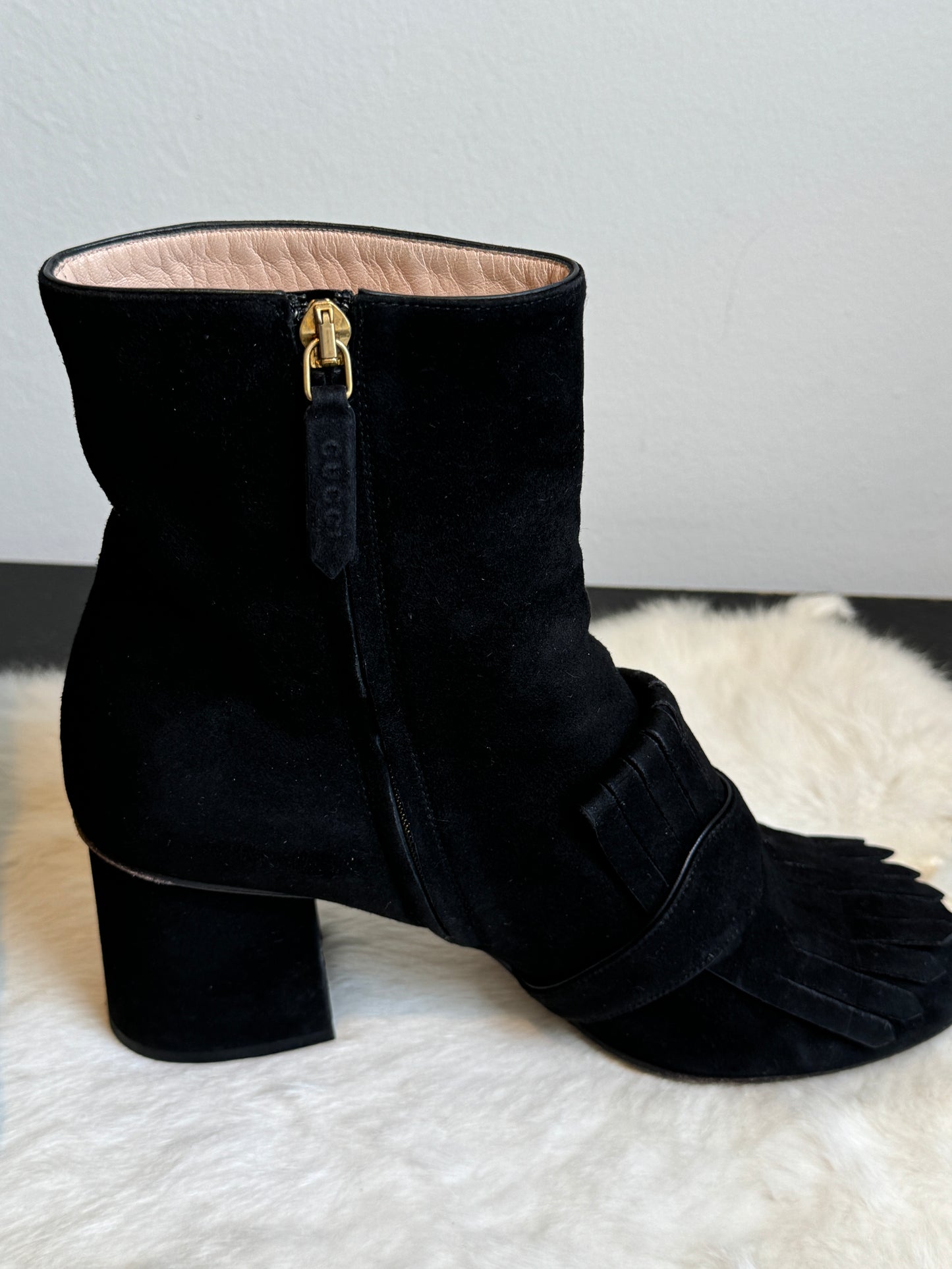 GUCCI Suede Marmont Fringe Boot Black 38EU