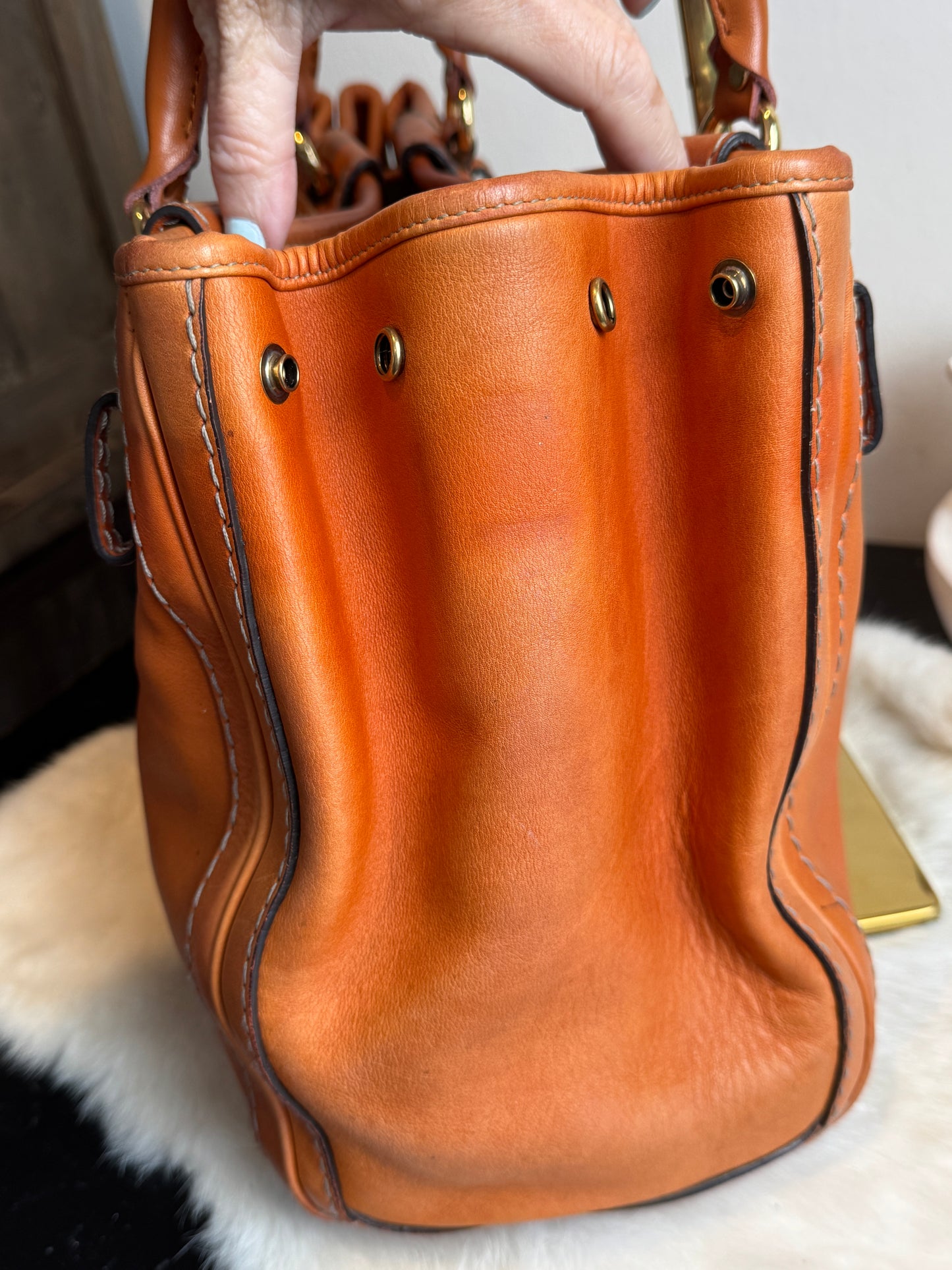 GUCCI GG Running Tote Bag Handbag Leather Orange