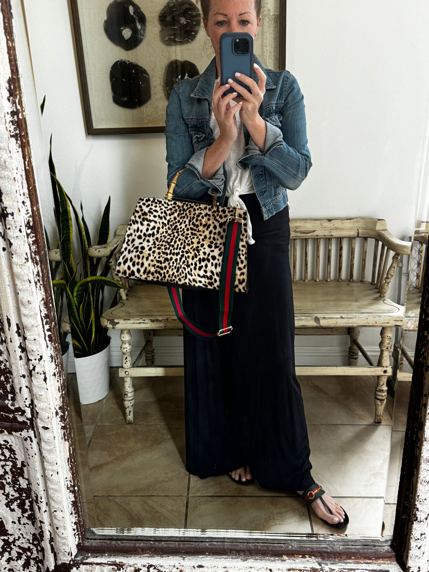 Gucci Calf Hair Bamboo Leopard Print Large Nymphaea Bag