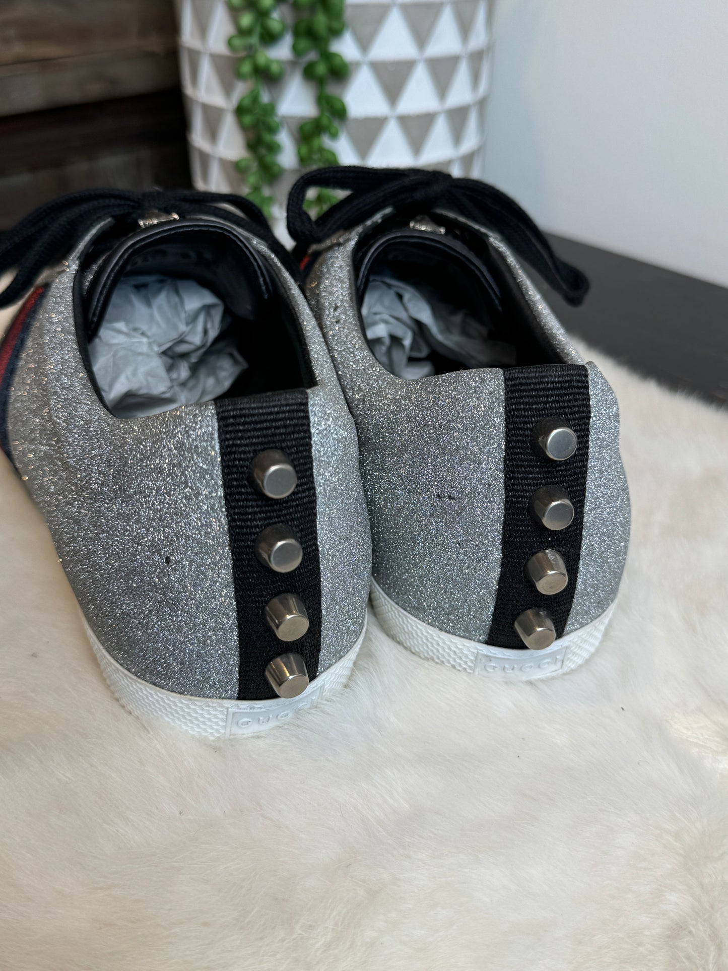 GUCCI Ace Silver Glitter Studded Mens Size 8EU (41EU)