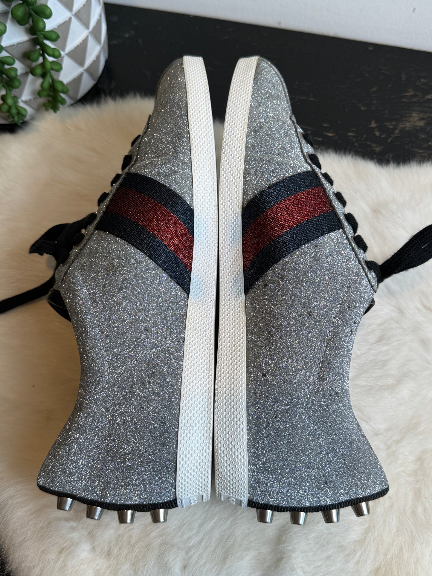 GUCCI Ace Silver Glitter Studded Mens Size 8EU (41EU)
