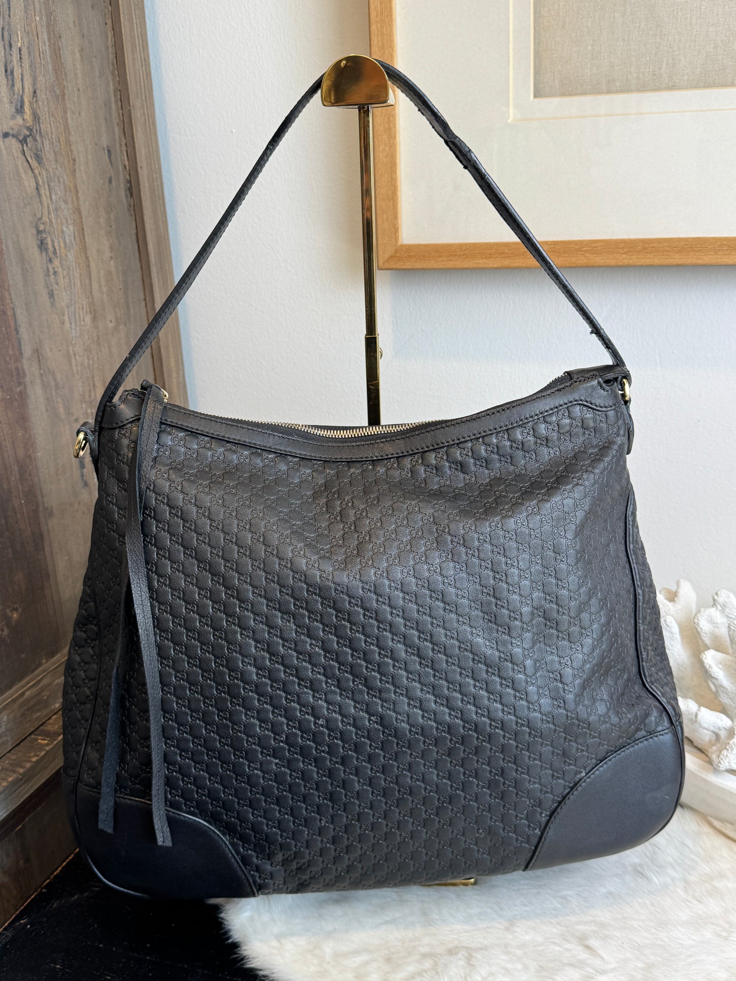 GUCCI Large Bree Micro-Guccissima Signature Black Leather Hobo