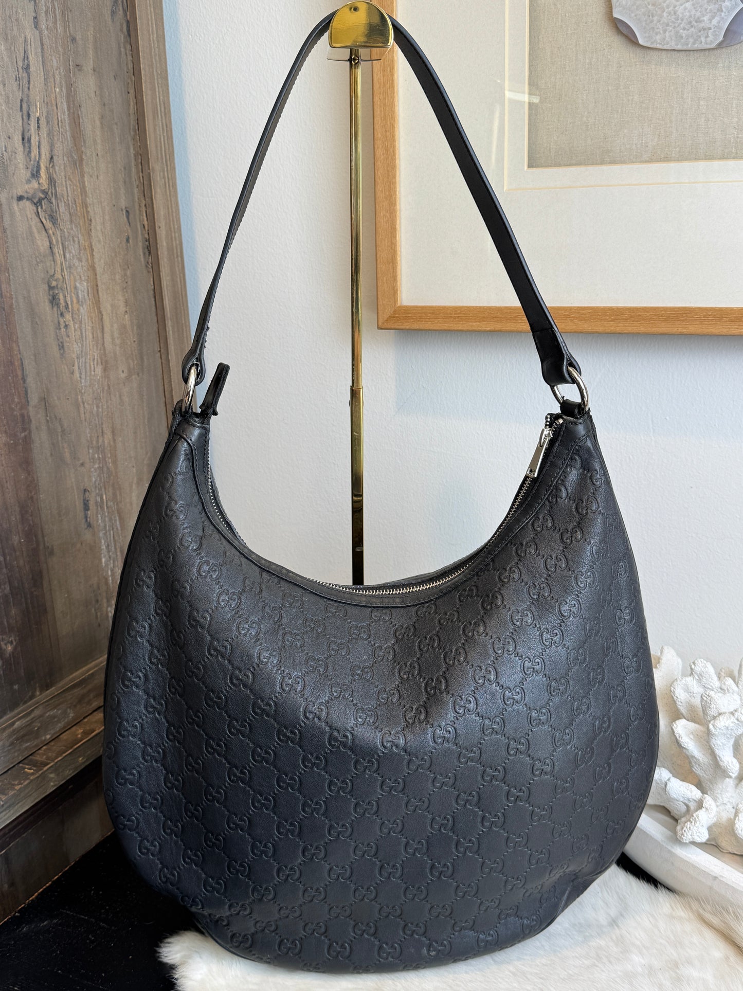 GUCCI Large Guccissima Signature Black Twins Leather Hobo