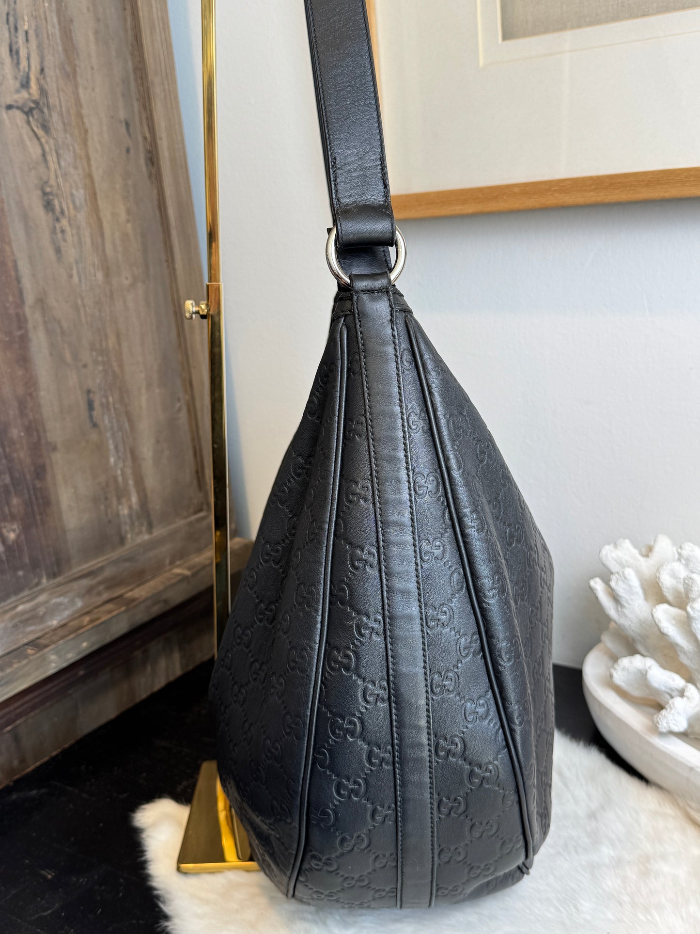 GUCCI Large Guccissima Signature Black Twins Leather Hobo