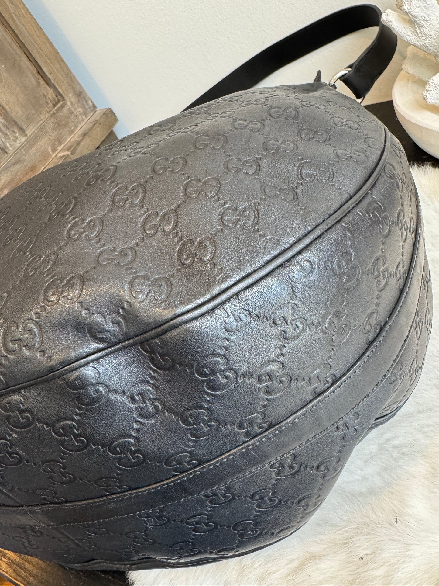 GUCCI Large Guccissima Signature Black Twins Leather Hobo