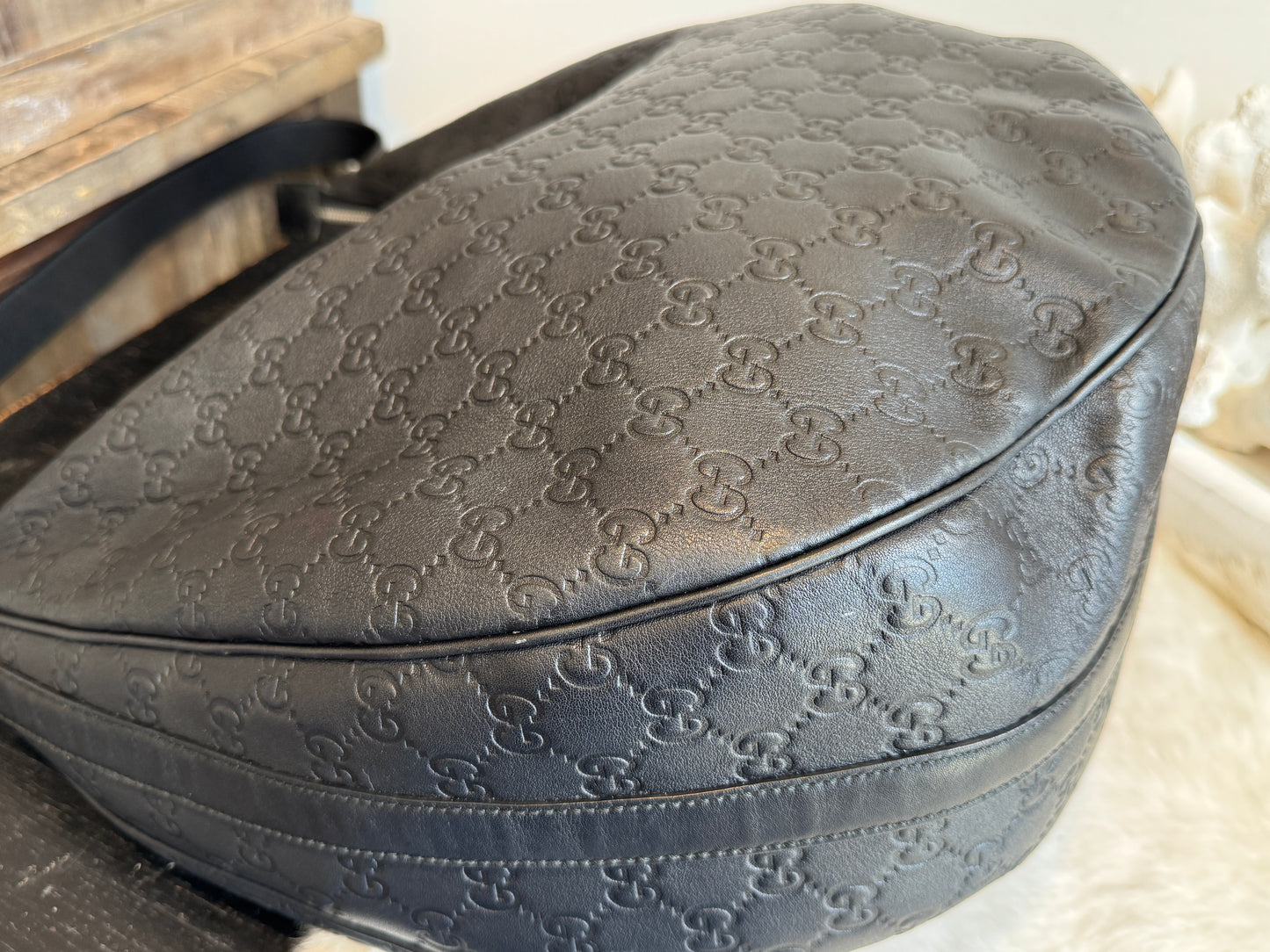 GUCCI Large Guccissima Signature Black Twins Leather Hobo