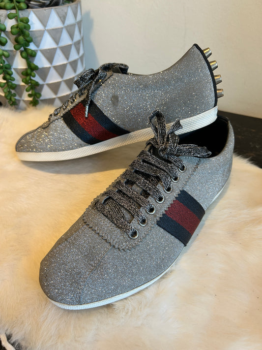 GUCCI Ace Silver Glitter Studded Women's Sneakers Size 37EU