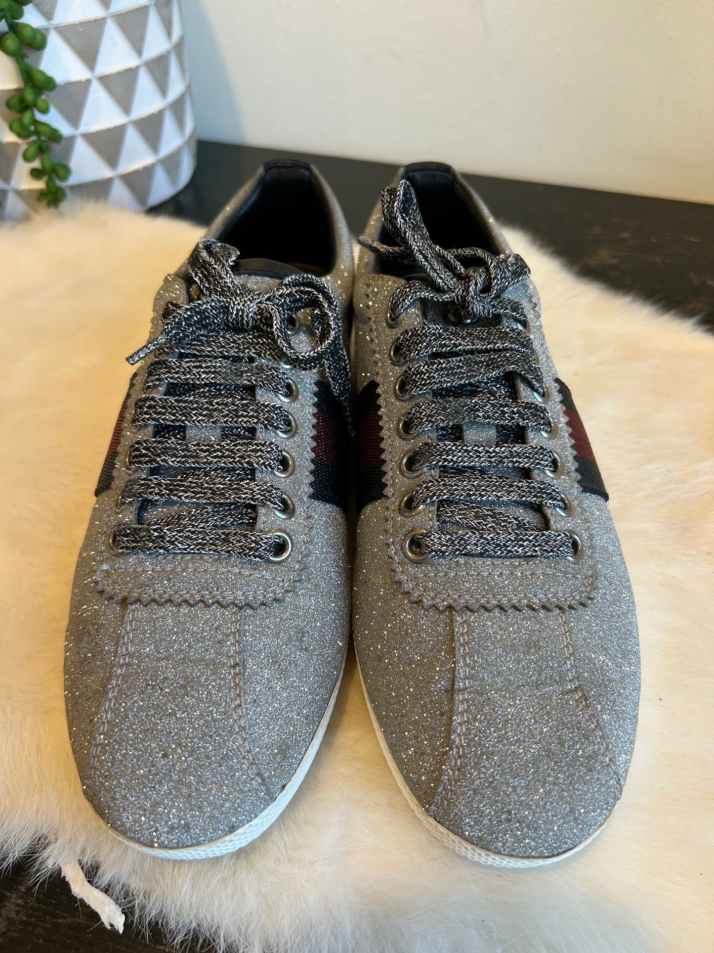 GUCCI Ace Silver Glitter Studded Women's Sneakers Size 37EU