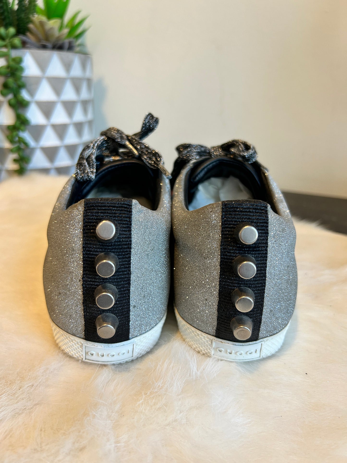 GUCCI Ace Silver Glitter Studded Women's Sneakers Size 37EU