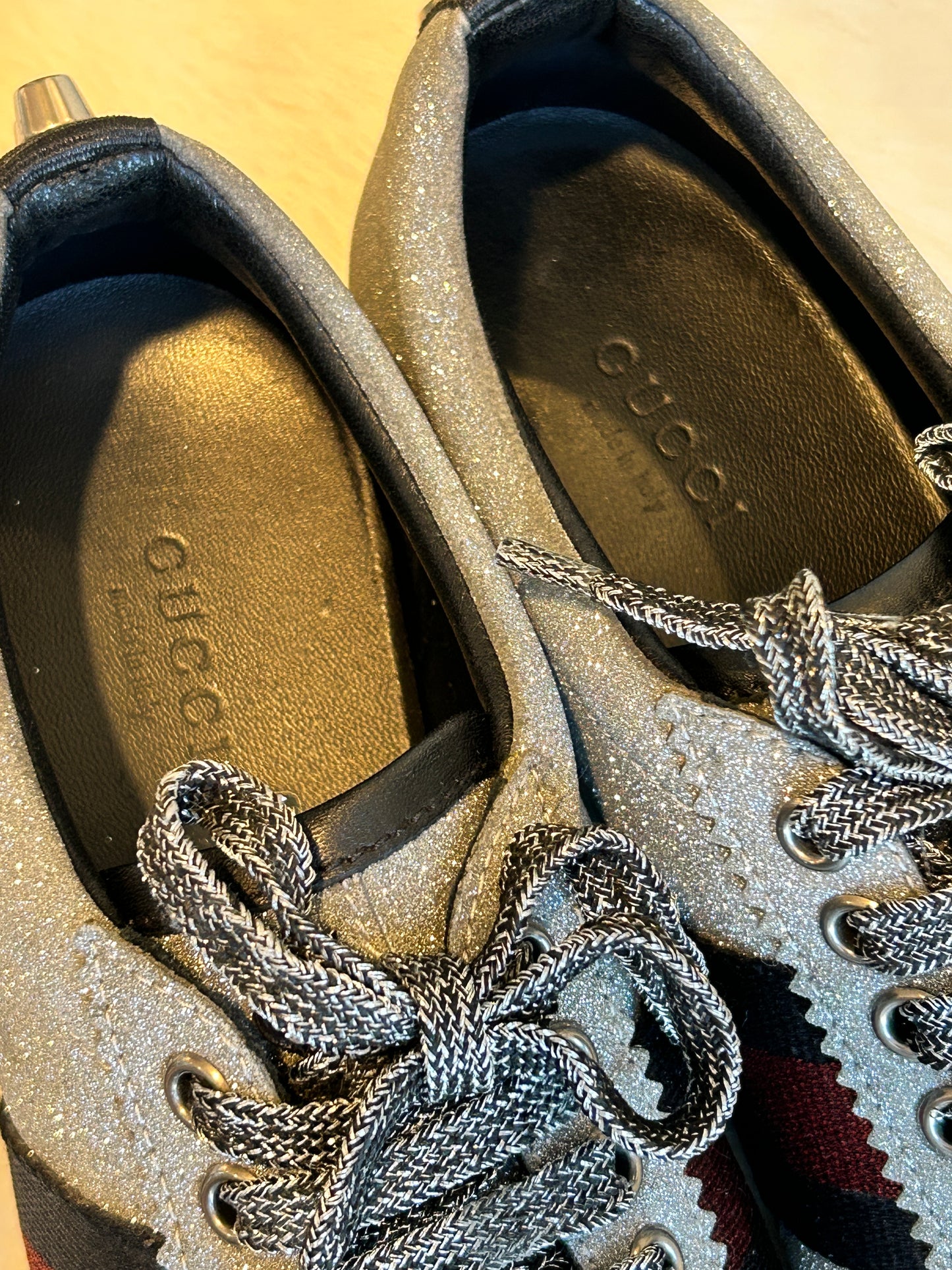 GUCCI Ace Silver Glitter Studded Women's Sneakers Size 37EU