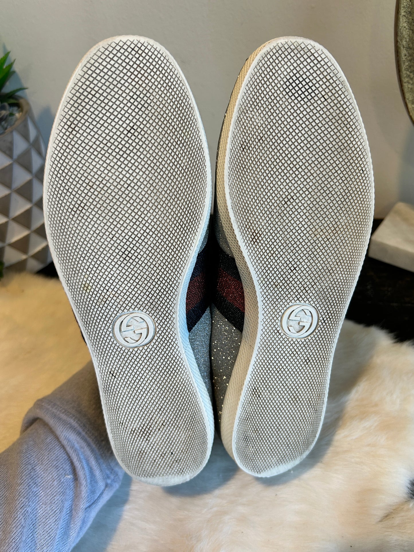 GUCCI Ace Silver Glitter Studded Women's Sneakers Size 37EU