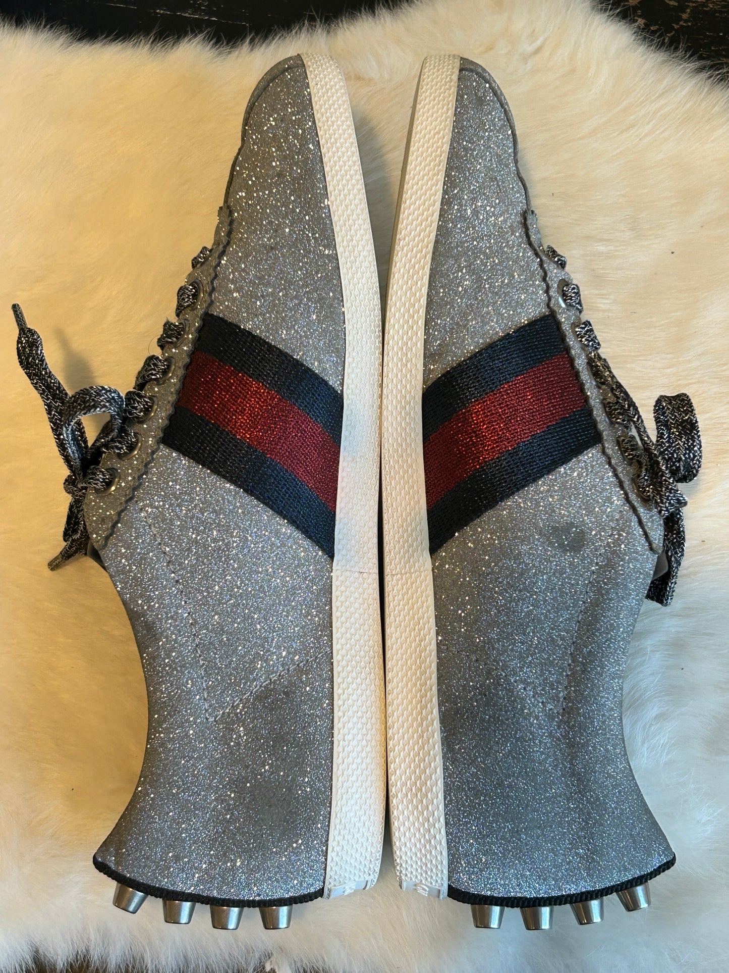 GUCCI Ace Silver Glitter Studded Women's Sneakers Size 37EU