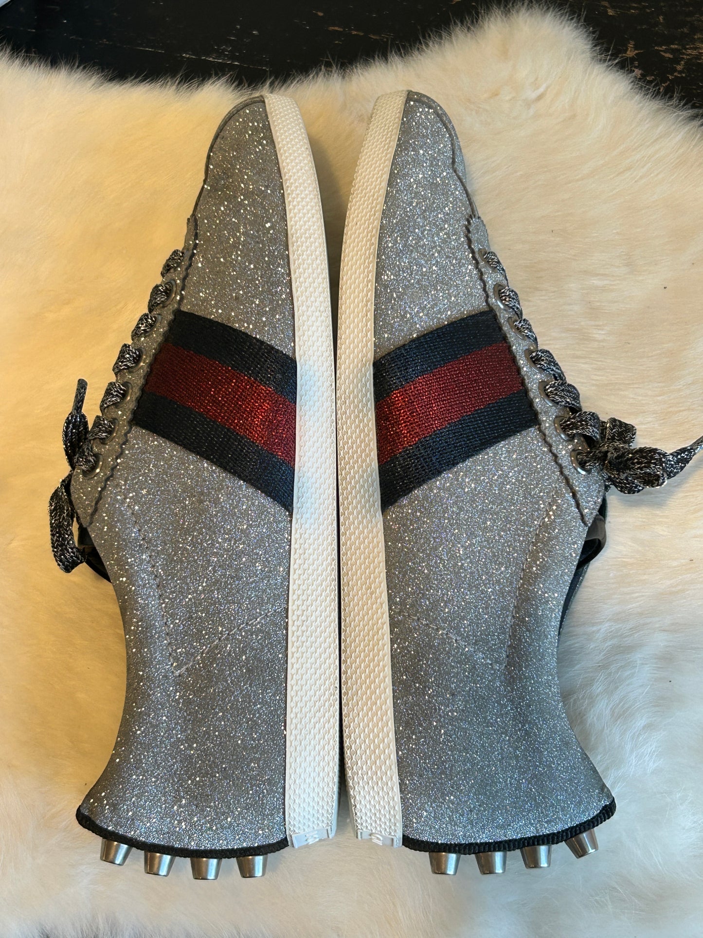 GUCCI Ace Silver Glitter Studded Women's Sneakers Size 37EU