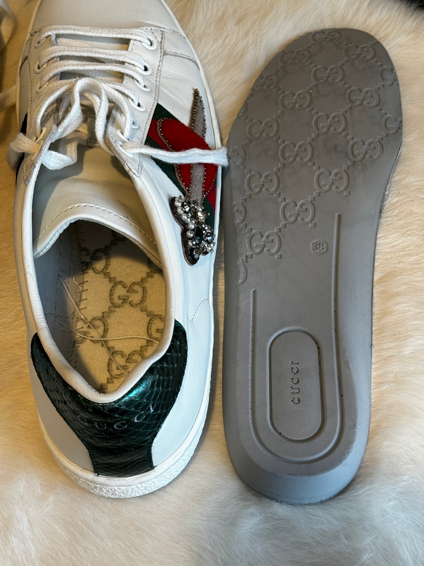 GUCCI Ace Rhinestone Sword Hearts Sneakers 38EU