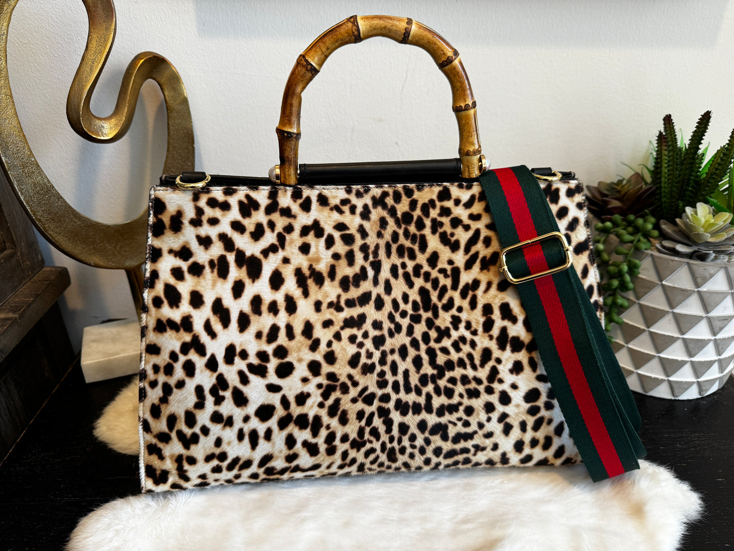 Gucci Calf Hair Bamboo Leopard Print Large Nymphaea Bag