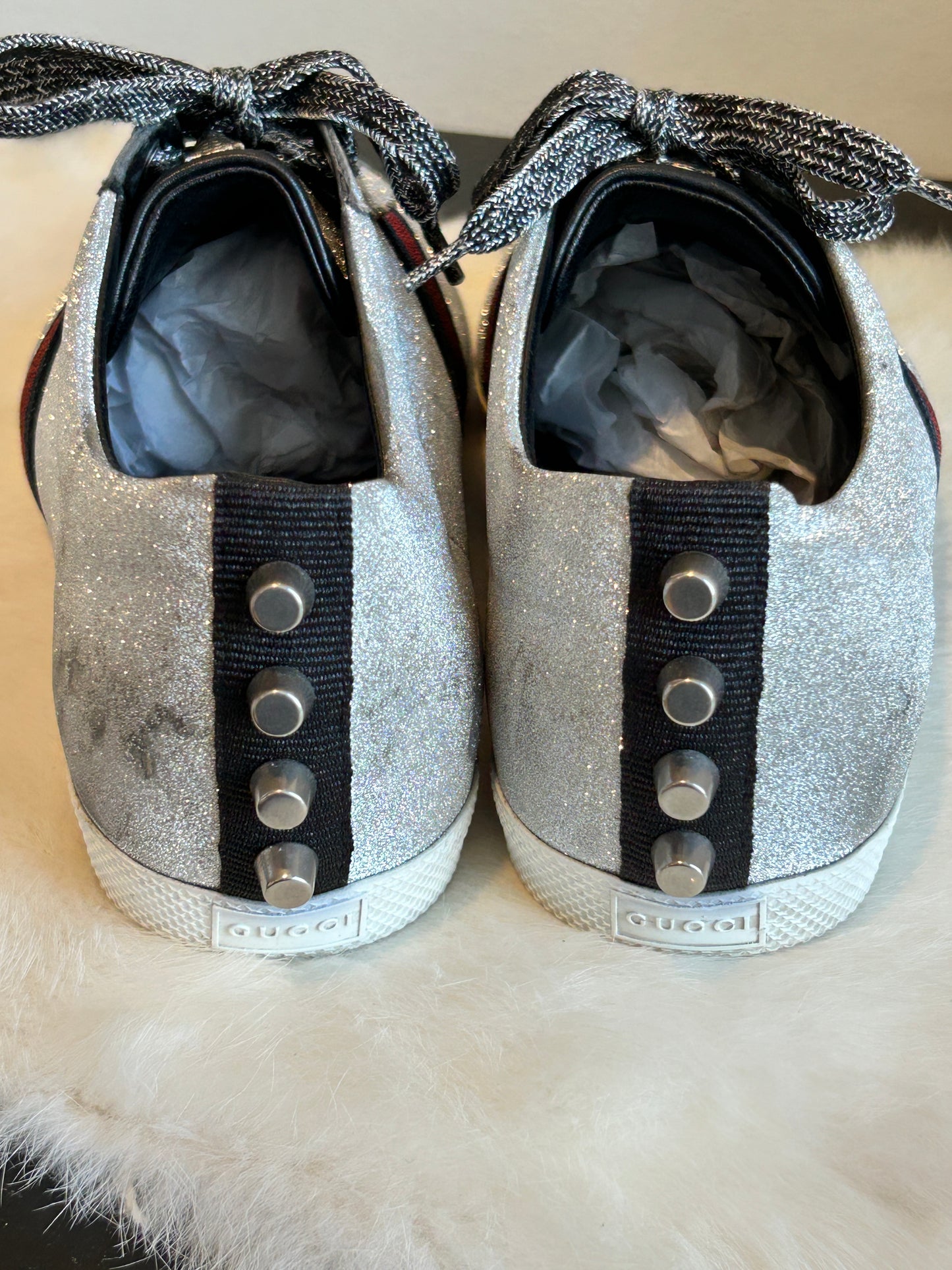 GUCCI Ace Silver Glitter Studded Mens Size 7.5EU (40.5EU)