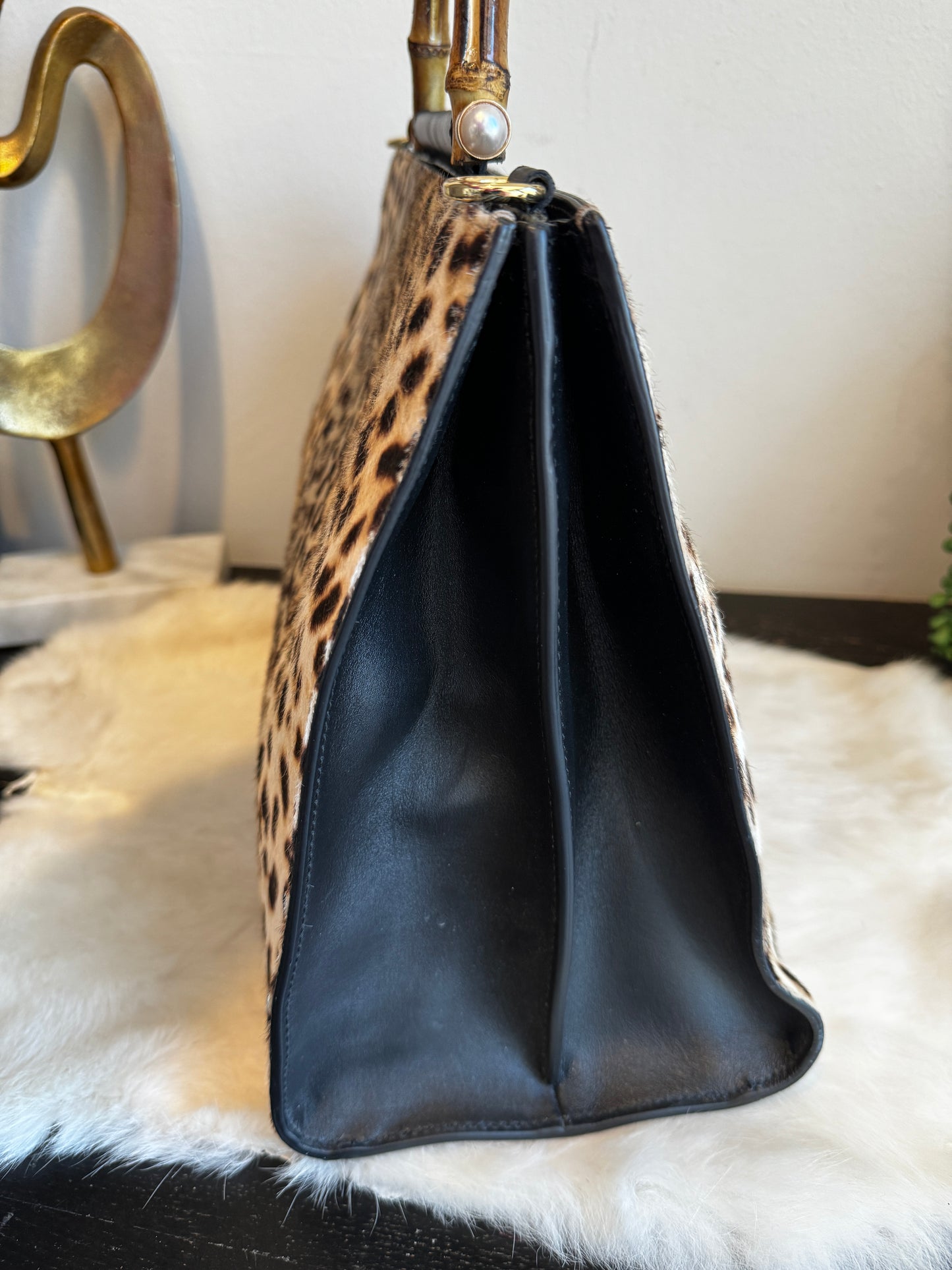 Gucci Calf Hair Bamboo Leopard Print Large Nymphaea Bag