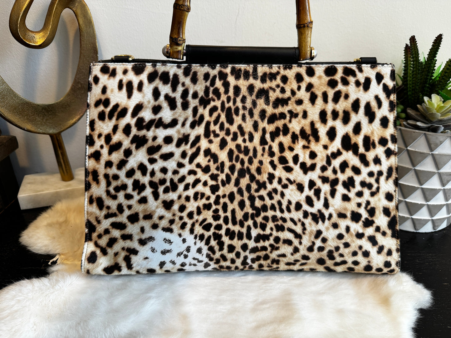Gucci Calf Hair Bamboo Leopard Print Large Nymphaea Bag