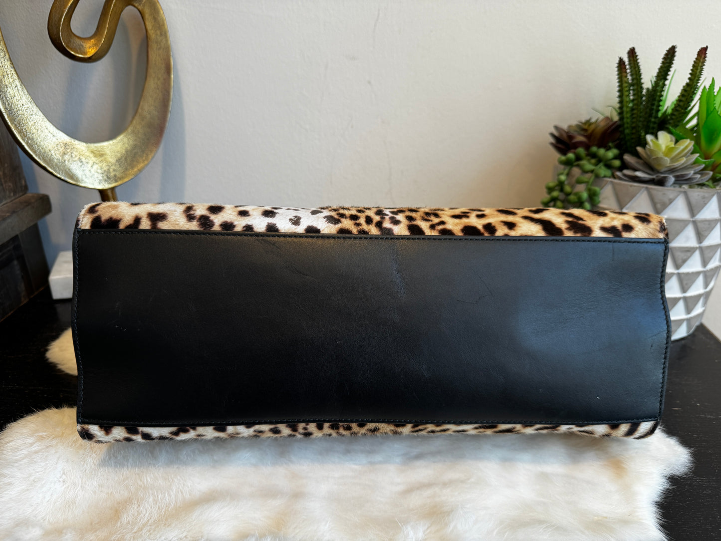 Gucci Calf Hair Bamboo Leopard Print Large Nymphaea Bag