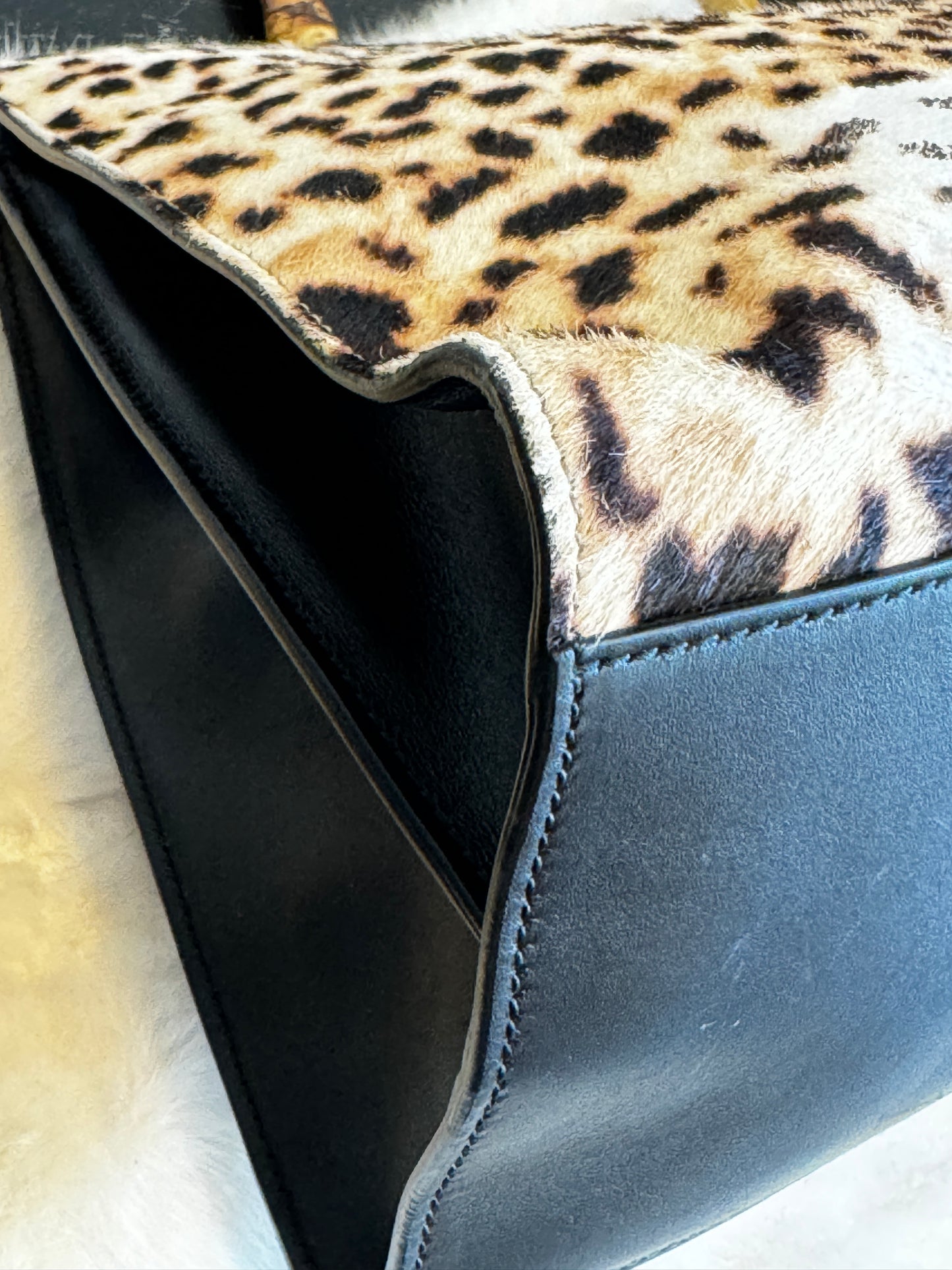 Gucci Calf Hair Bamboo Leopard Print Large Nymphaea Bag