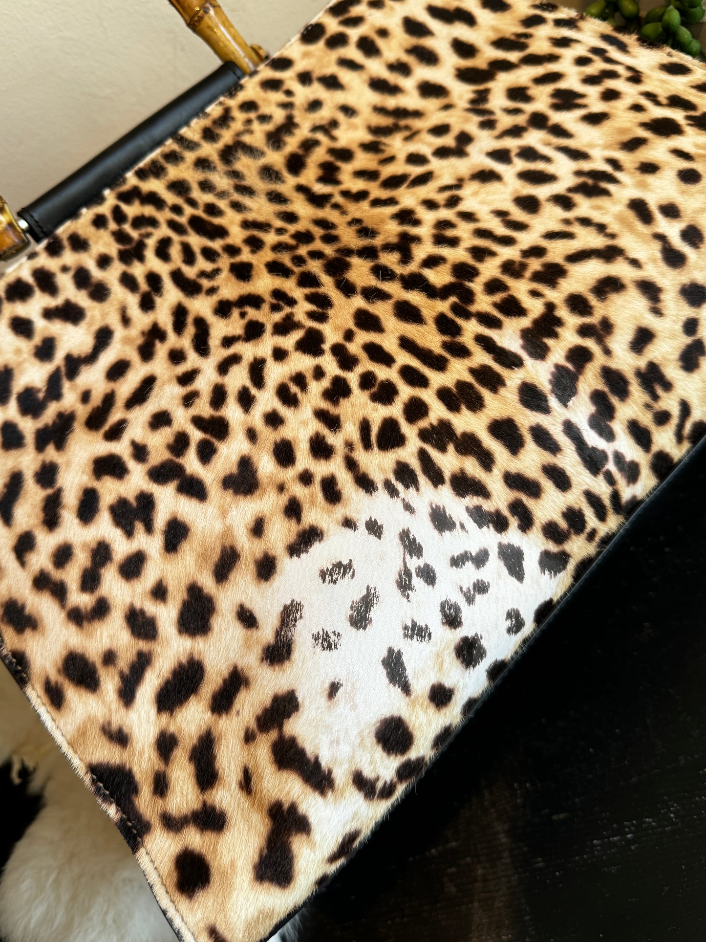 Gucci Calf Hair Bamboo Leopard Print Large Nymphaea Bag