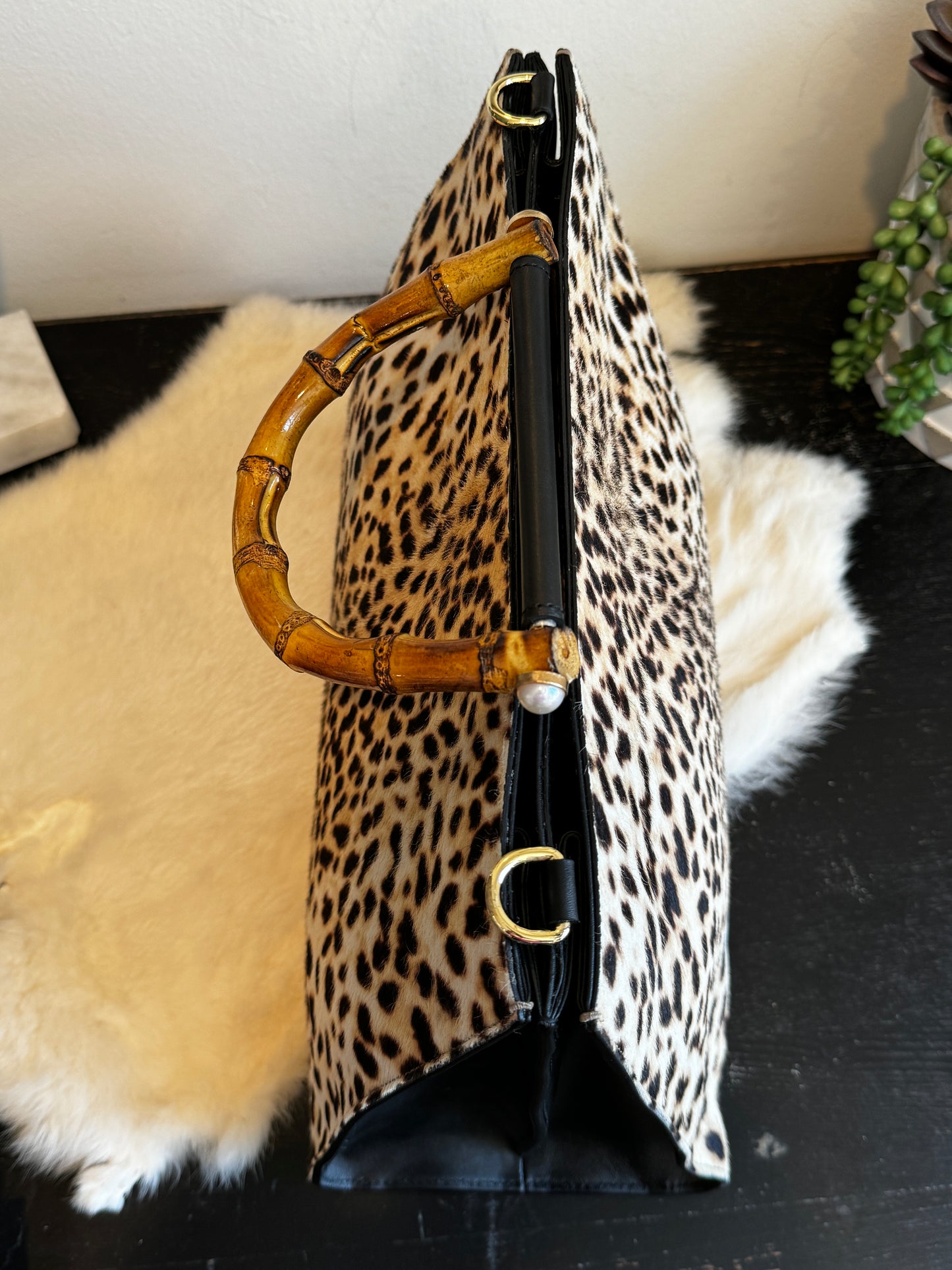 Gucci Calf Hair Bamboo Leopard Print Large Nymphaea Bag