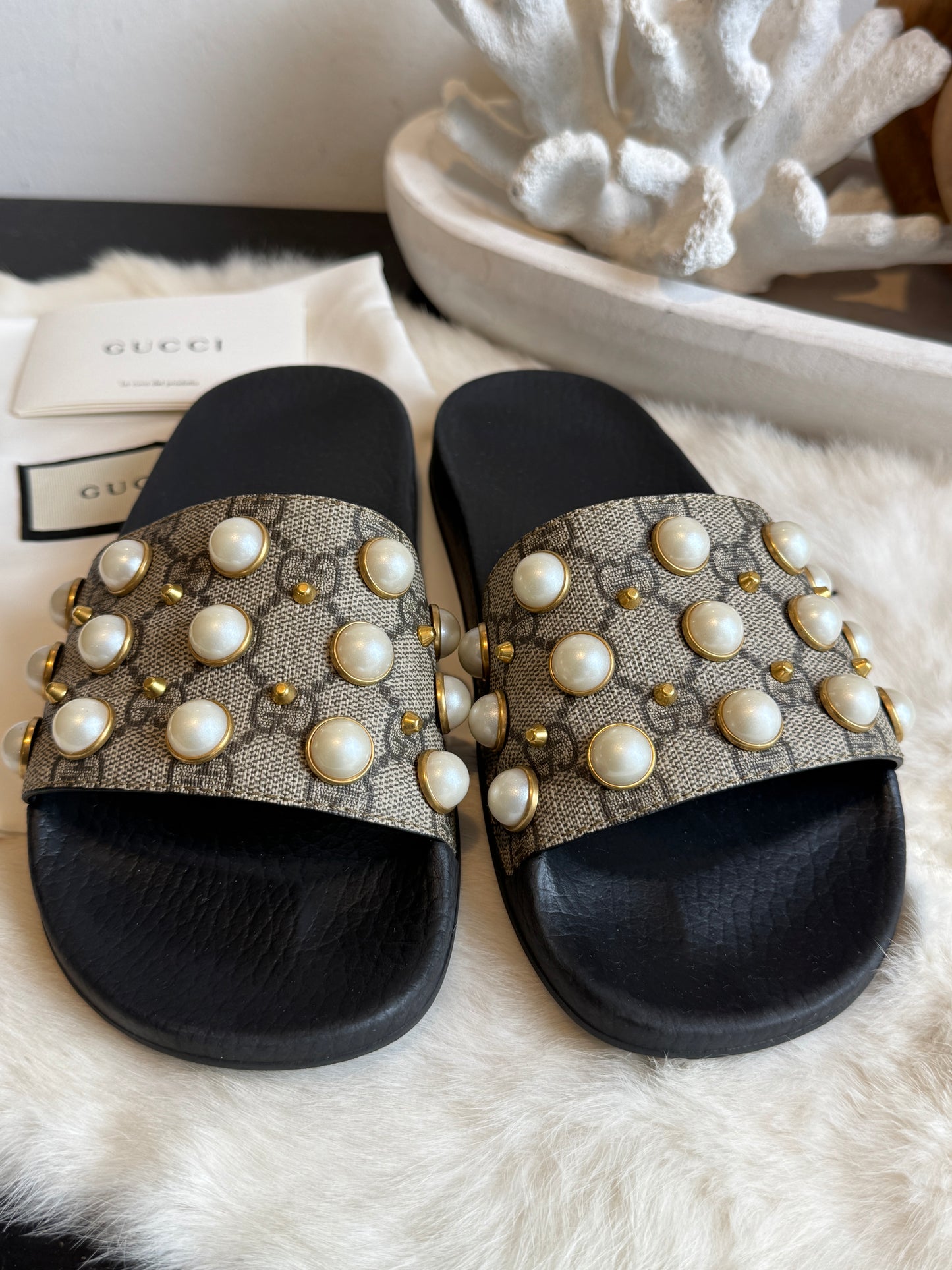 GUCCI Supreme Pearl Monogram Women's Slides 36EU