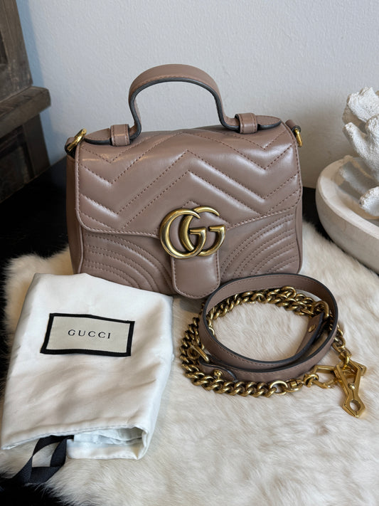 GUCCI Calfskin Matelasse Marmont Mini Top Handle Blush Crossbody