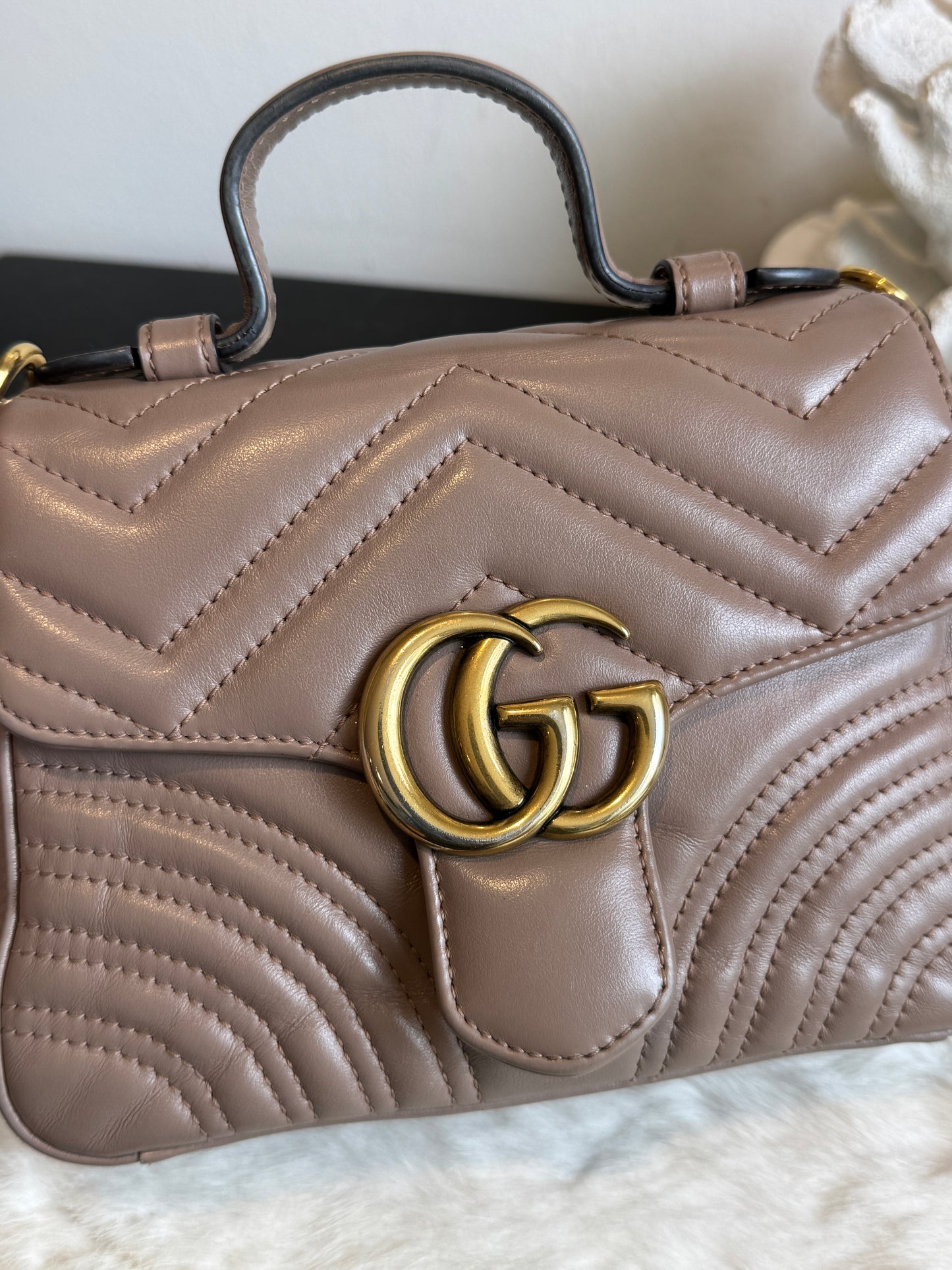 GUCCI Calfskin Matelasse Marmont Mini Top Handle Blush Crossbody