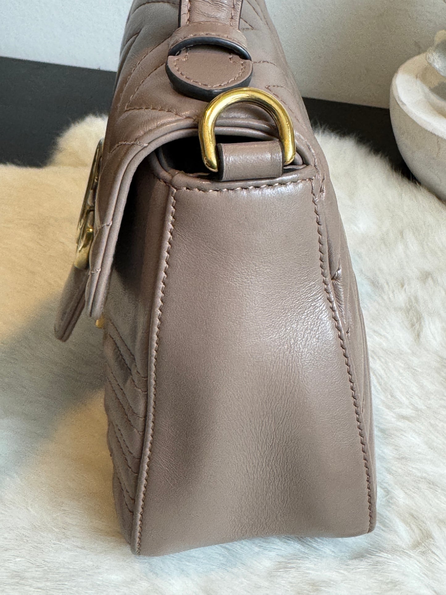 GUCCI Calfskin Matelasse Marmont Mini Top Handle Blush Crossbody
