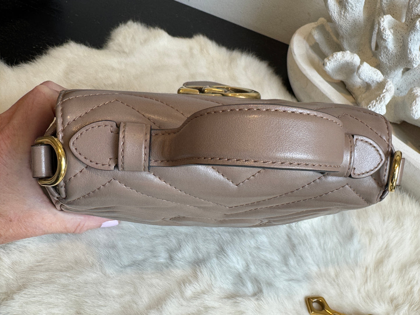 GUCCI Calfskin Matelasse Marmont Mini Top Handle Blush Crossbody