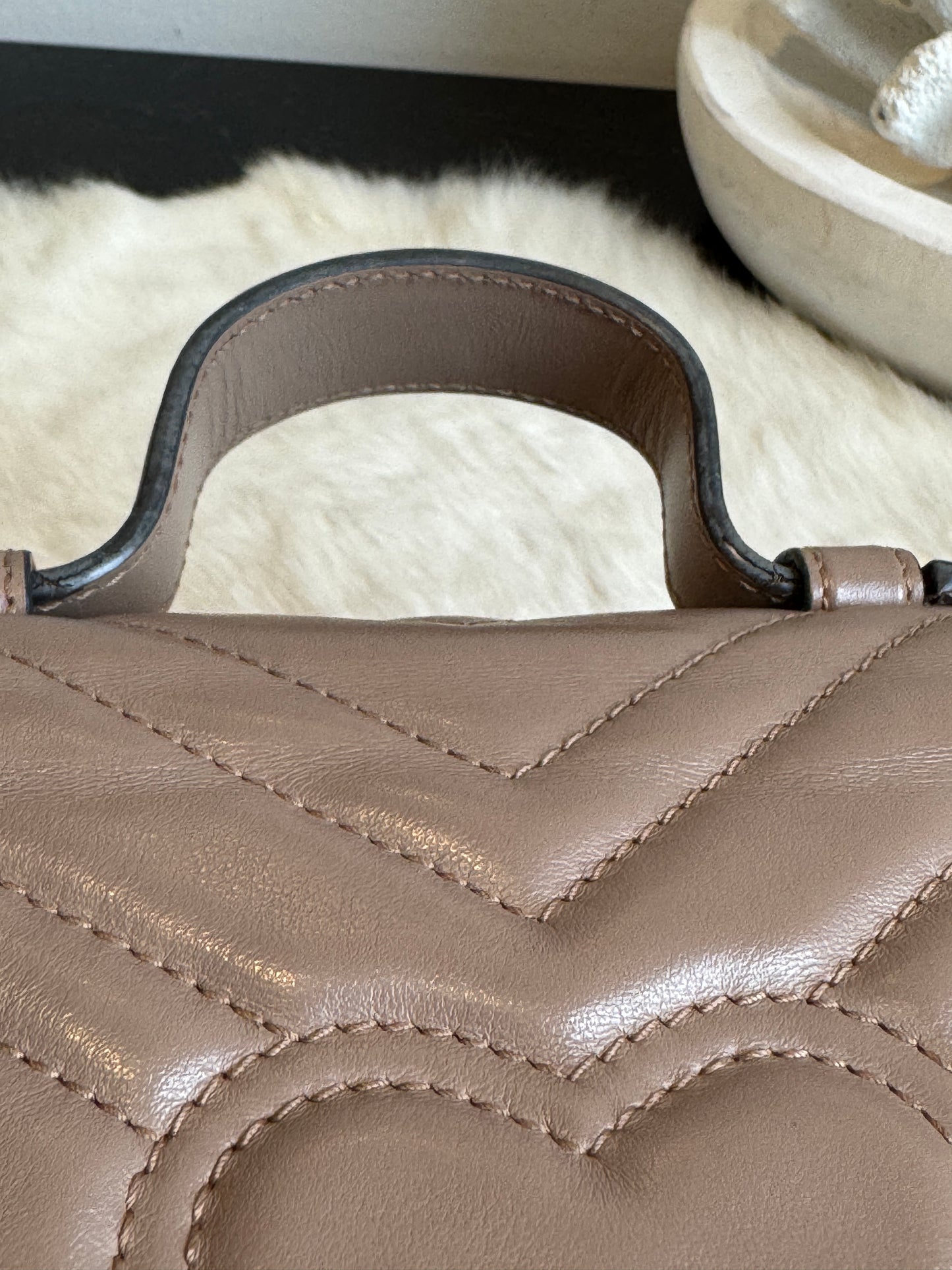 GUCCI Calfskin Matelasse Marmont Mini Top Handle Blush Crossbody