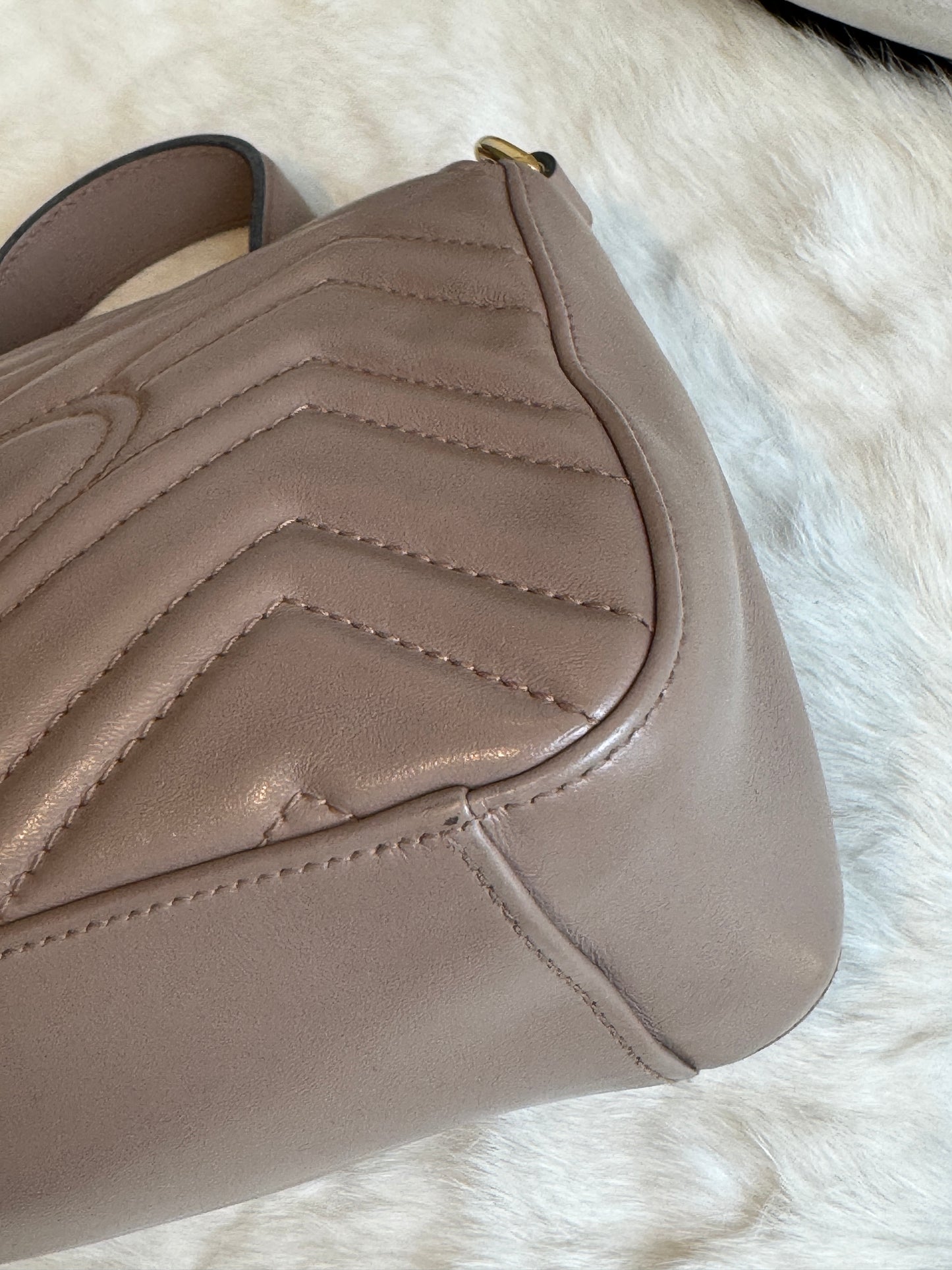 GUCCI Calfskin Matelasse Marmont Mini Top Handle Blush Crossbody