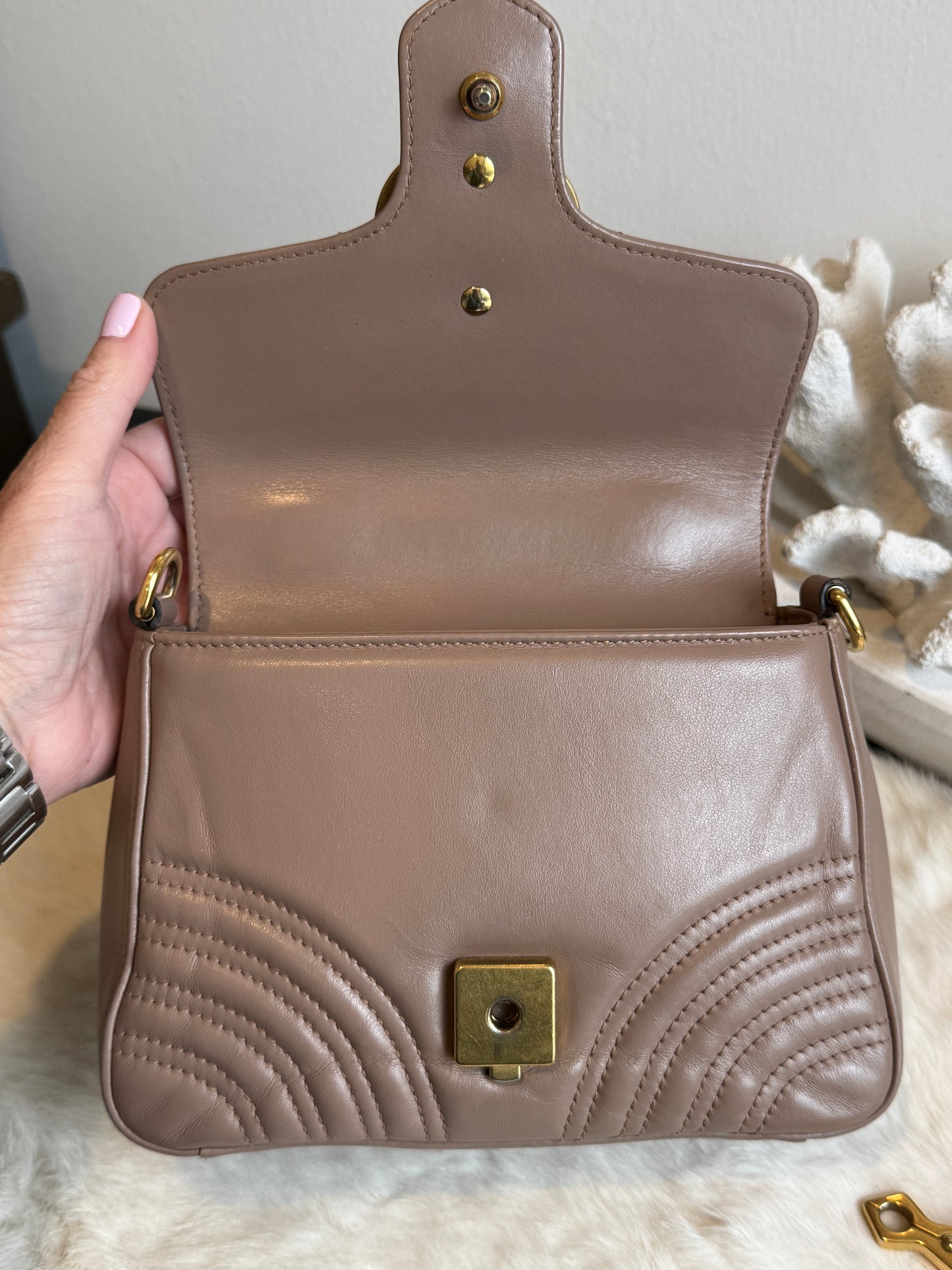 GUCCI Calfskin Matelasse Marmont Mini Top Handle Blush Crossbody