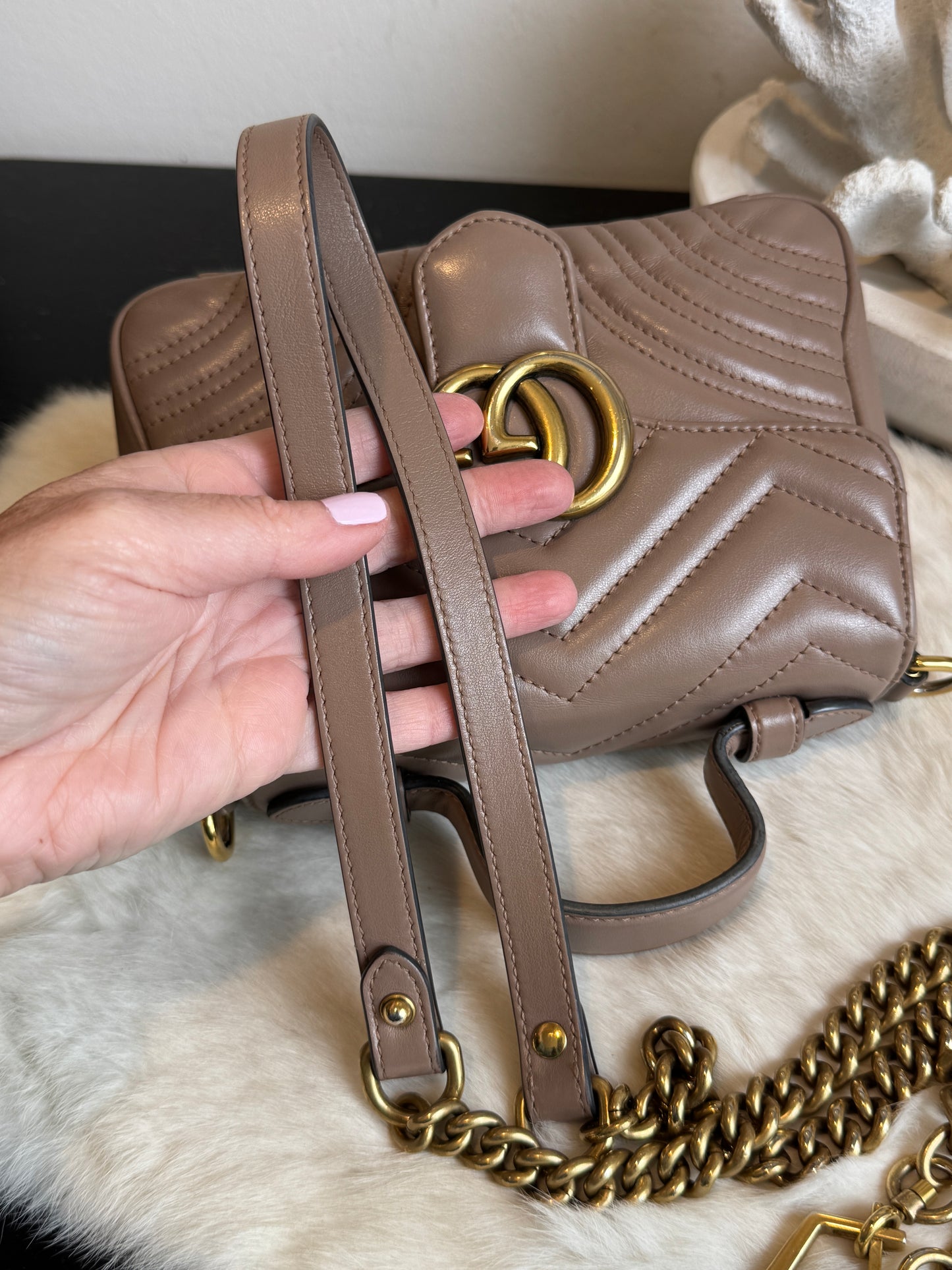 GUCCI Calfskin Matelasse Marmont Mini Top Handle Blush Crossbody