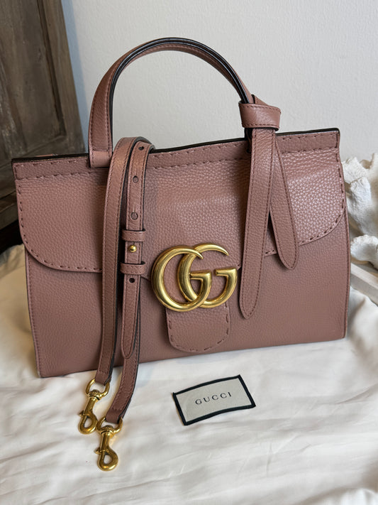 Gucci Pebbled Calfskin Small GG Marmont Top Handle Bag Rose