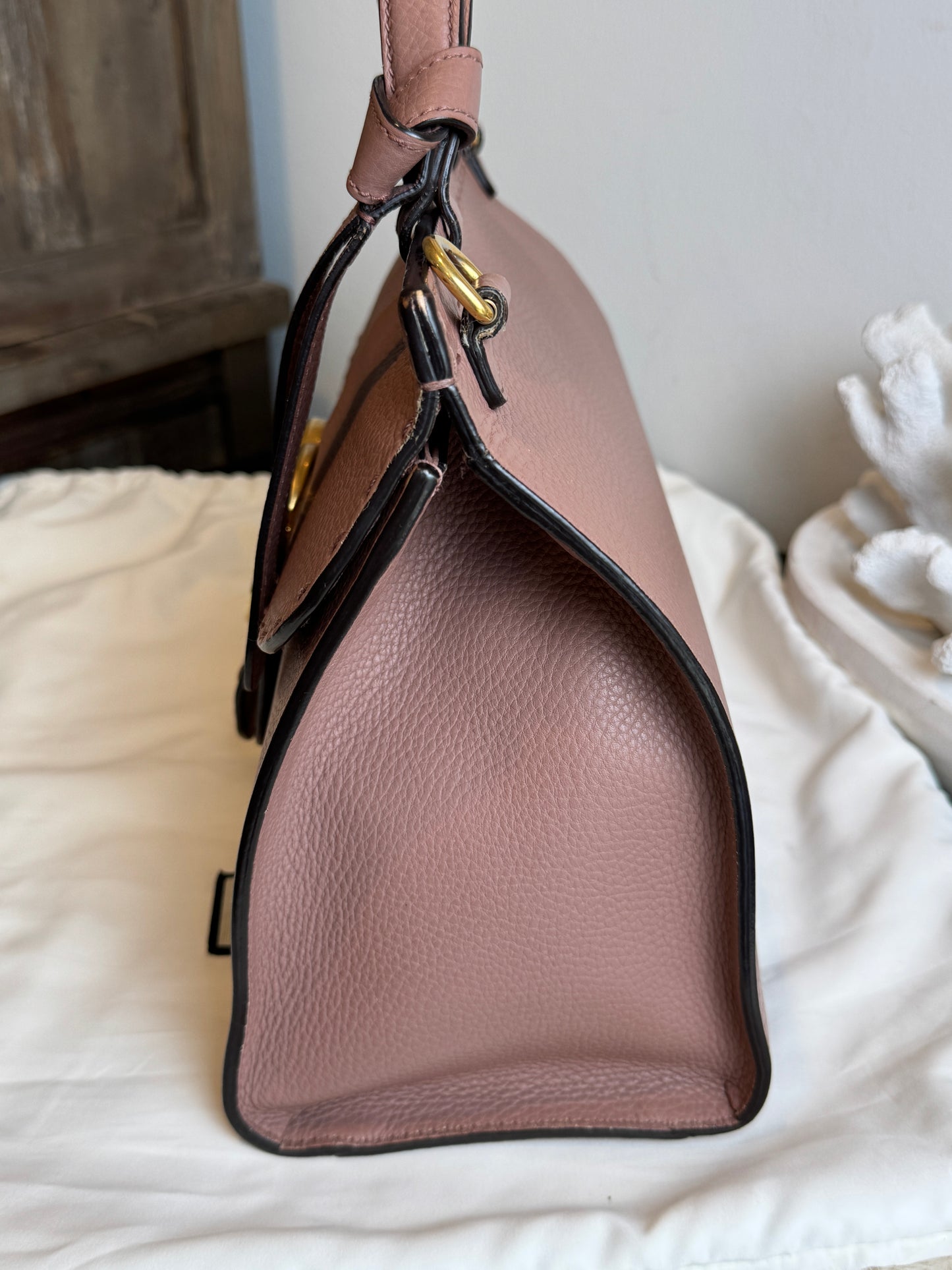 Gucci Pebbled Calfskin Small GG Marmont Top Handle Bag Rose