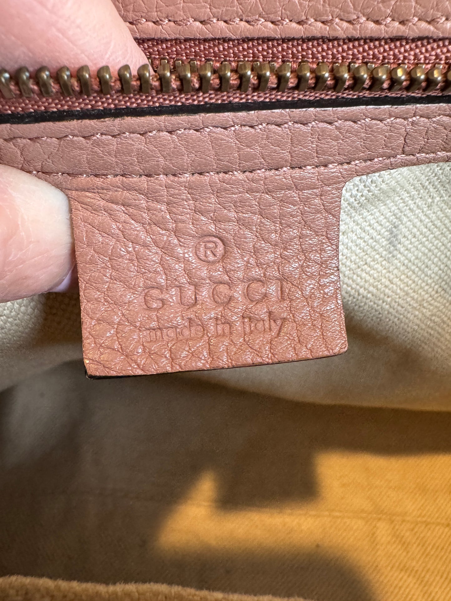 Gucci Pebbled Calfskin Small GG Marmont Top Handle Bag Rose