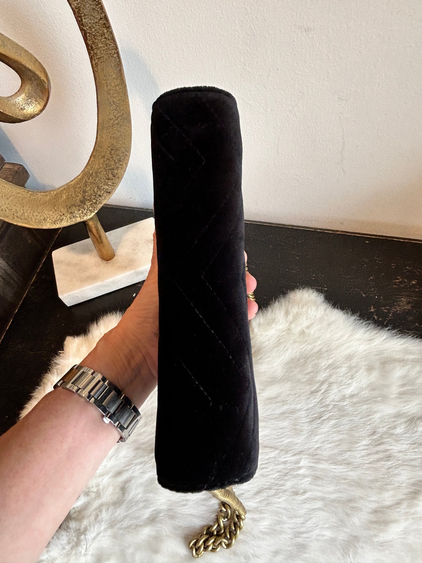 GUCCI Velvet GG Marmont Mini Wallet on Chain Black
