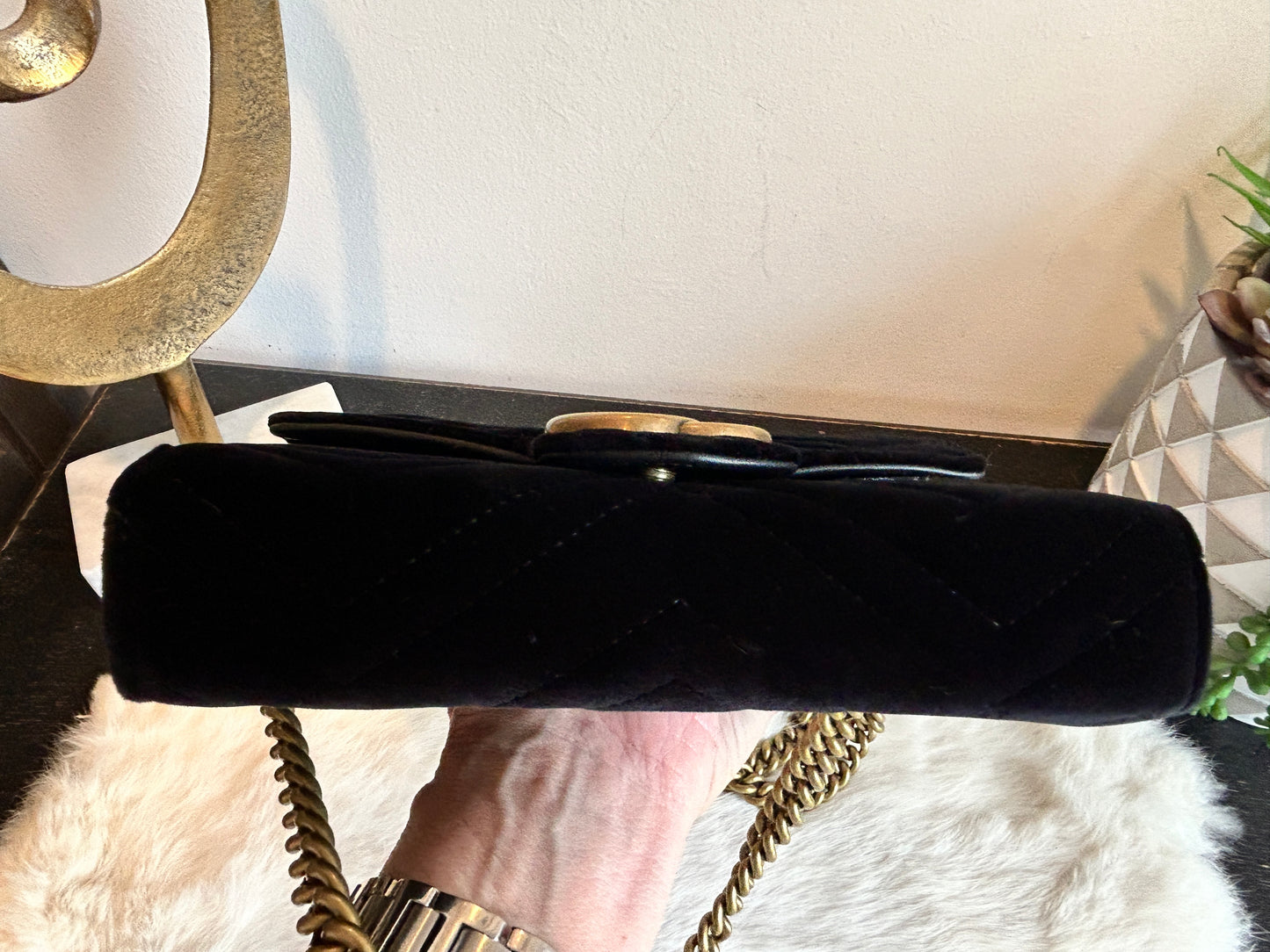 GUCCI Velvet GG Marmont Mini Wallet on Chain Black