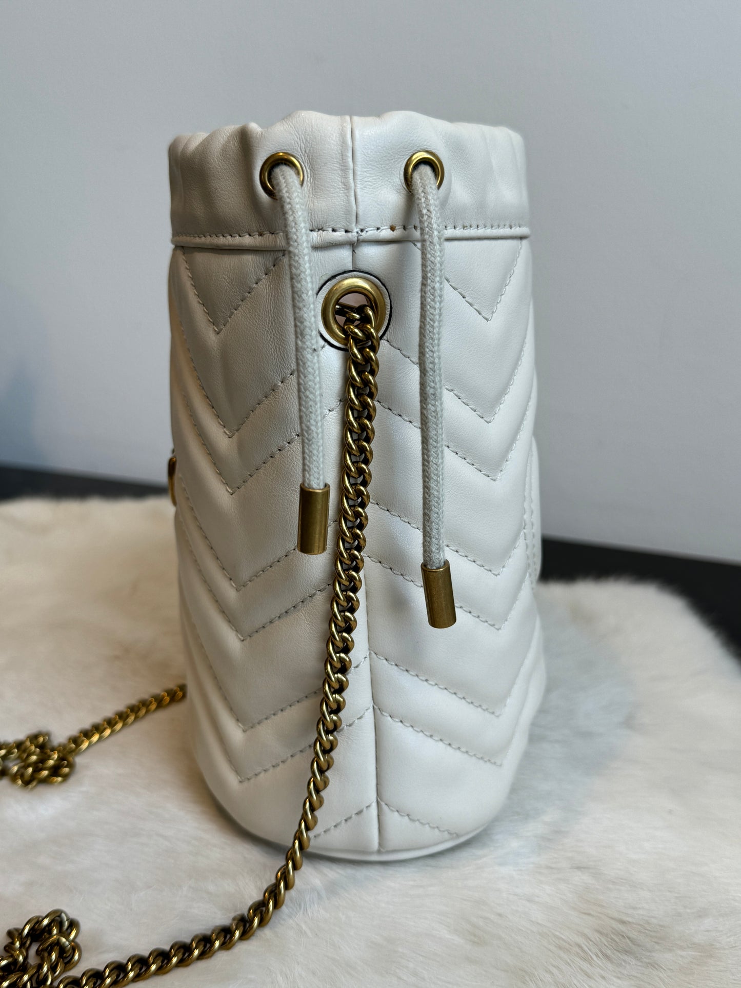 GUCCI Cream Leather GG Marmont Mini Bucket Bag