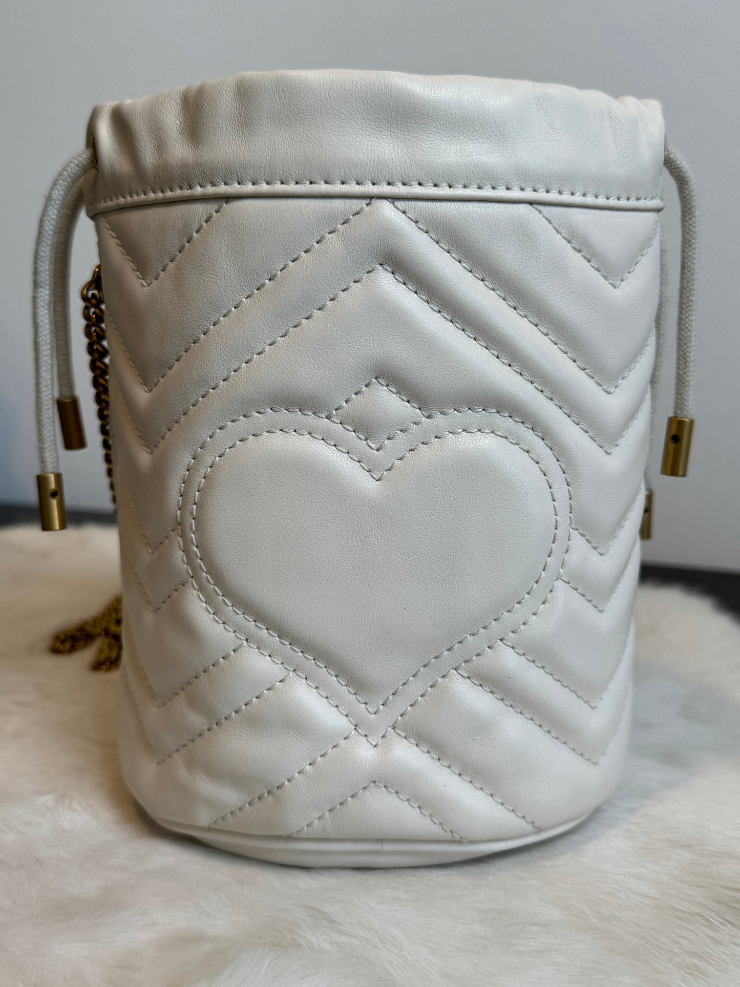 GUCCI Cream Leather GG Marmont Mini Bucket Bag