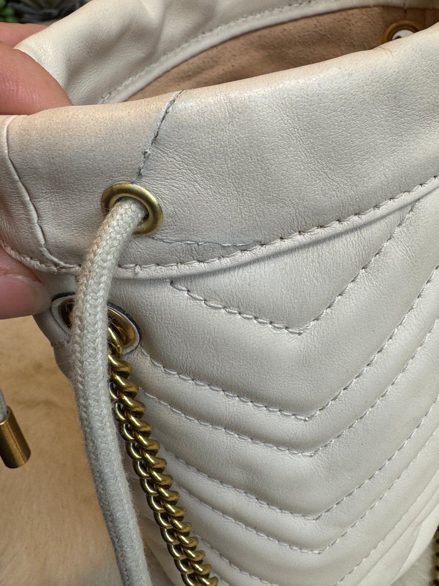 GUCCI Cream Leather GG Marmont Mini Bucket Bag
