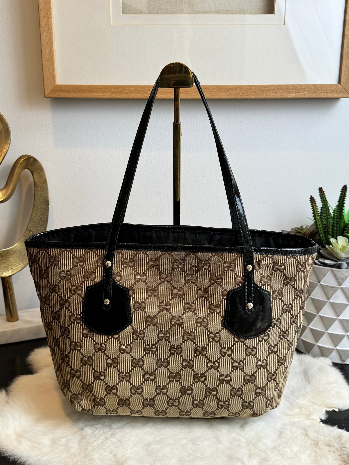 GUCCI GG Canvas Small Patent Trim Tote