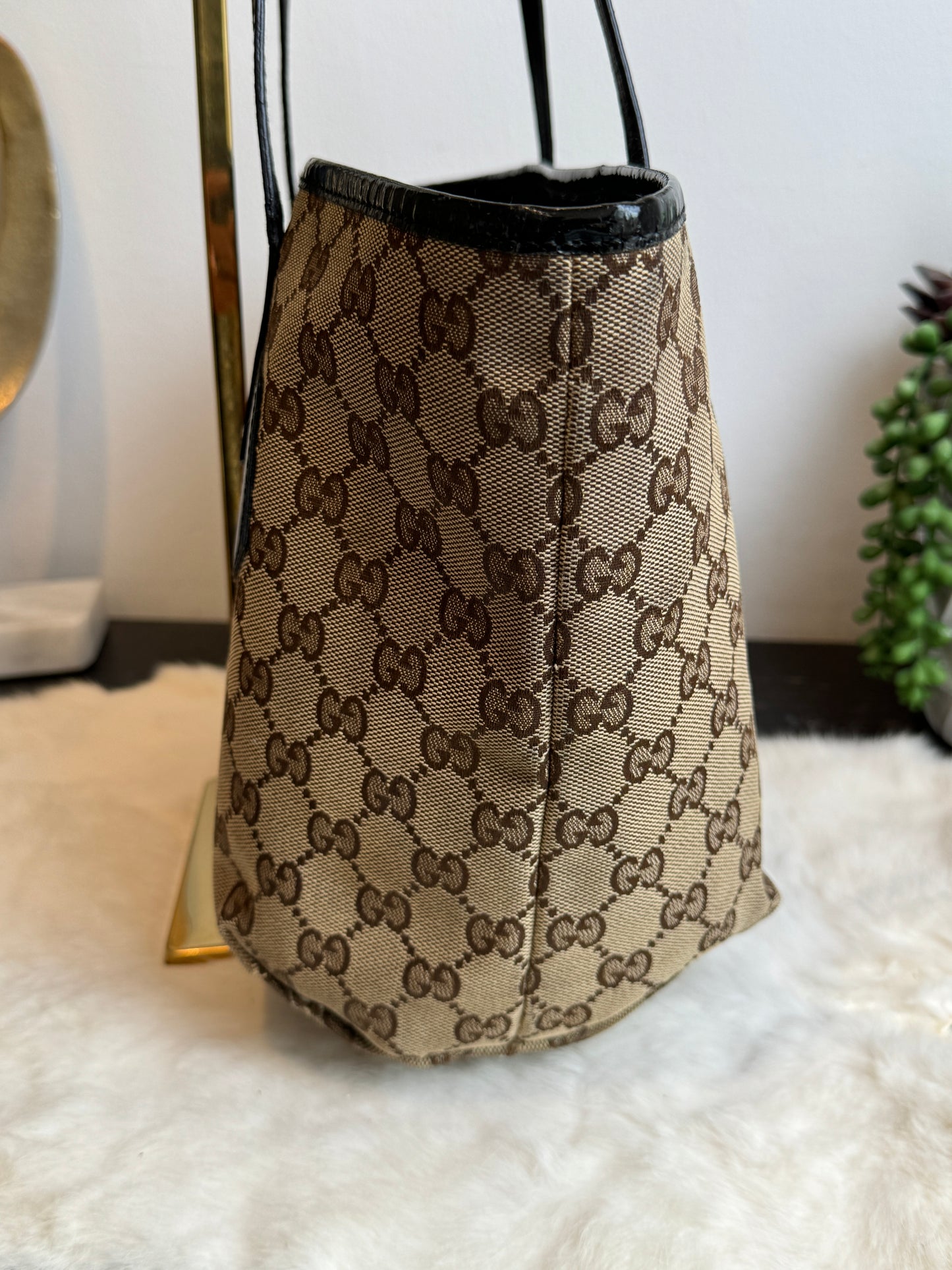 GUCCI GG Canvas Small Patent Trim Tote