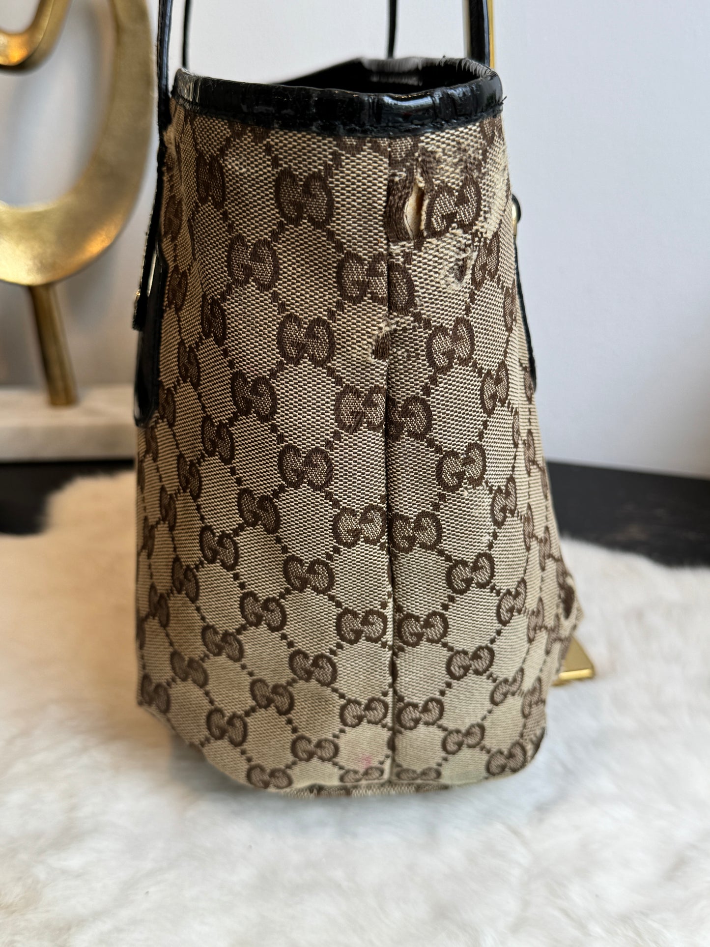 GUCCI GG Canvas Small Patent Trim Tote