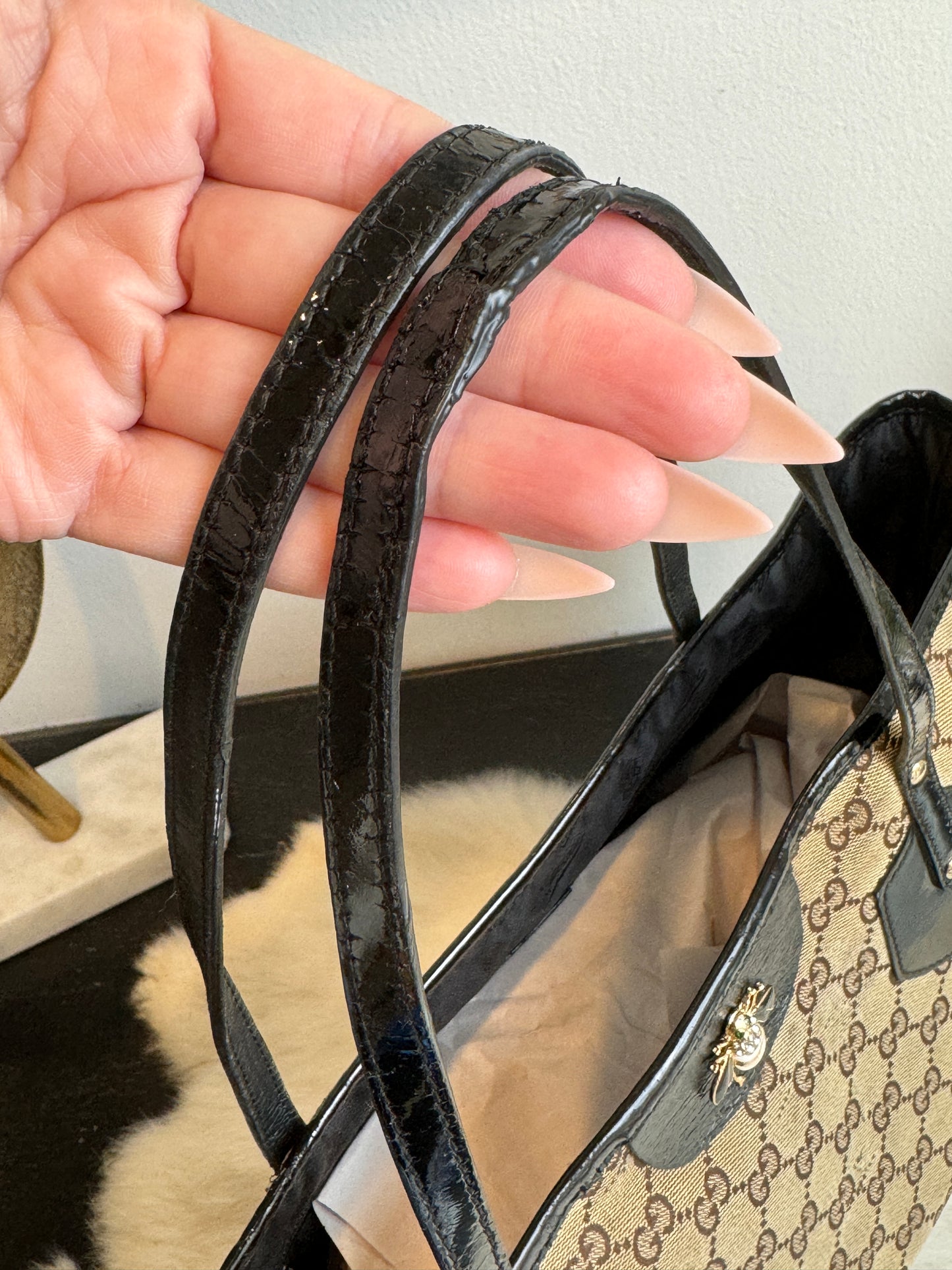 GUCCI GG Canvas Small Patent Trim Tote